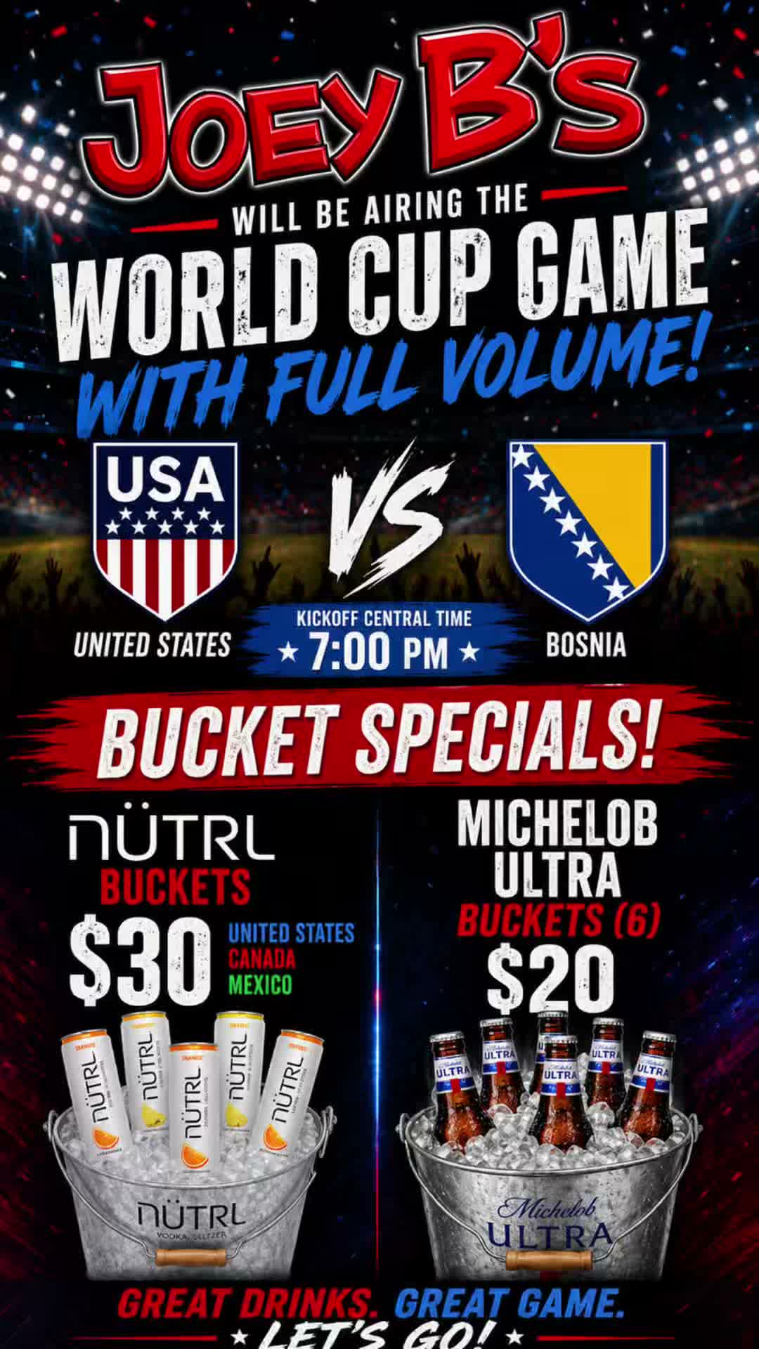 🇺🇸⚽ USA vs. BELGIUM WATCH PARTY! ⚽🇧🇪
The knockout rounds are here, and there’s no better place to cheer on Team USA than Joey B’s! Join us Monday, July 6th at 7:00 PM CT for an electric World Cup Watch Party with ice-cold drinks, great food, and fellow soccer fans!
🍺 Game Day Specials:
🏆 $15 Domestic Buckets
🍻 $3 Bud Light, Budweiser, Bud Select & Busch Light Drafts
🍗 $9 10-Piece Wings
Grab your friends, wear your red, white & blue, and help us bring the energy as Team USA battles Belgium for a spot in the next round!
📍 Monday, July 6
⏰ Kickoff: 7:00 PM Central
Let’s pack the house… GO USA! 🇺🇸⚽🙌
#joeybs #WorldCup #USAvBelgium #WatchParty #GoUSA #SoccerNight #GameDay #WingSpecial #BeerSpecials #StLouisEats #SupportUSA #WorldCup2026