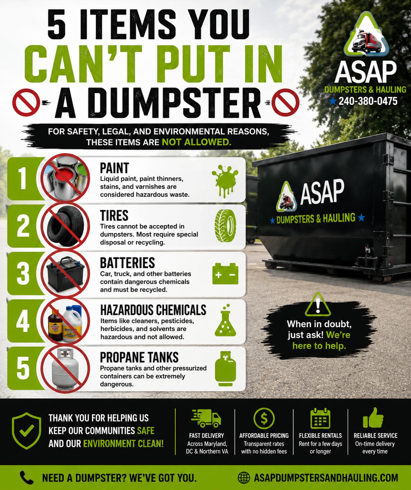 🚫 5 Items You CAN’T Put in a Dumpster
Not everything belongs in a roll-off dumpster. Some materials require special disposal to protect people, equipment, and the environment.
Items that are NOT allowed include:
❌ Paint & liquid stains
❌ Tires
❌ Car & household batteries
❌ Hazardous chemicals
❌ Propane tanks
If you’re ever unsure whether an item can go in the dumpster, just ask us before loading it. We’ll point you in the right direction and help you avoid extra fees or delays.
✅ Fast Delivery
✅ Flexible Rental Periods
✅ Residential & Commercial Projects
📍 Proudly serving Maryland, Washington, DC & Northern Virginia
📞 240-380-0475
🌐 www.ASAPDumpstersAndHauling.com
💬 Comment DUMPSTER or send us a DM if you need help choosing the right rental.
#DumpsterRental #RollOffDumpster #DumpsterRentalMD #MarylandContractors #HomeRenovation ConstructionCleanup PrinceGeorgesCounty MontgomeryCounty CharlesCounty AnneArundelCounty HowardCounty WashingtonDC NorthernVirginia CleanupMadeEasy ASAPDumpsters