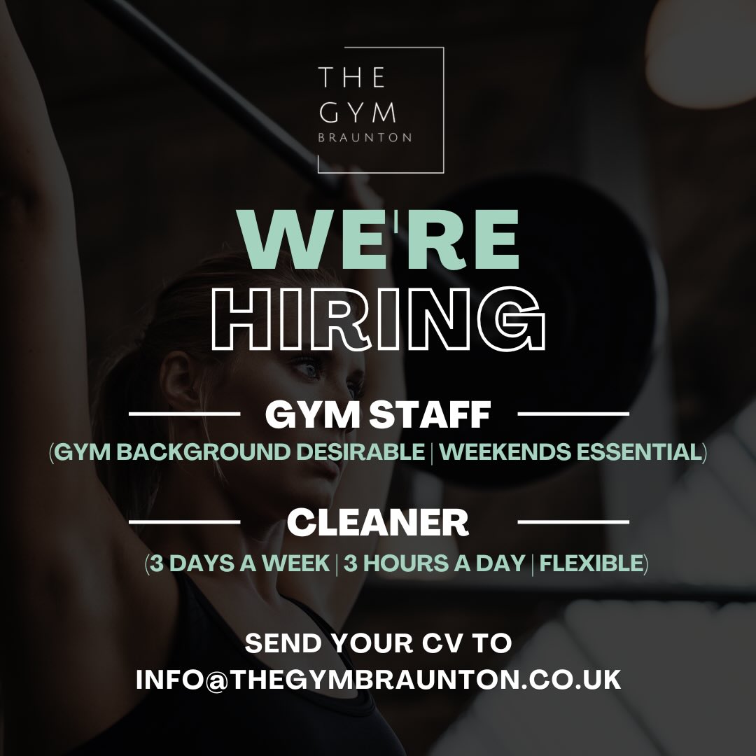 We're looking for gym staff & a cleaner 💪 🧼
Weekend hours will be essential - send your CV to info@thegymbraunton.co.uk to apply 🙌