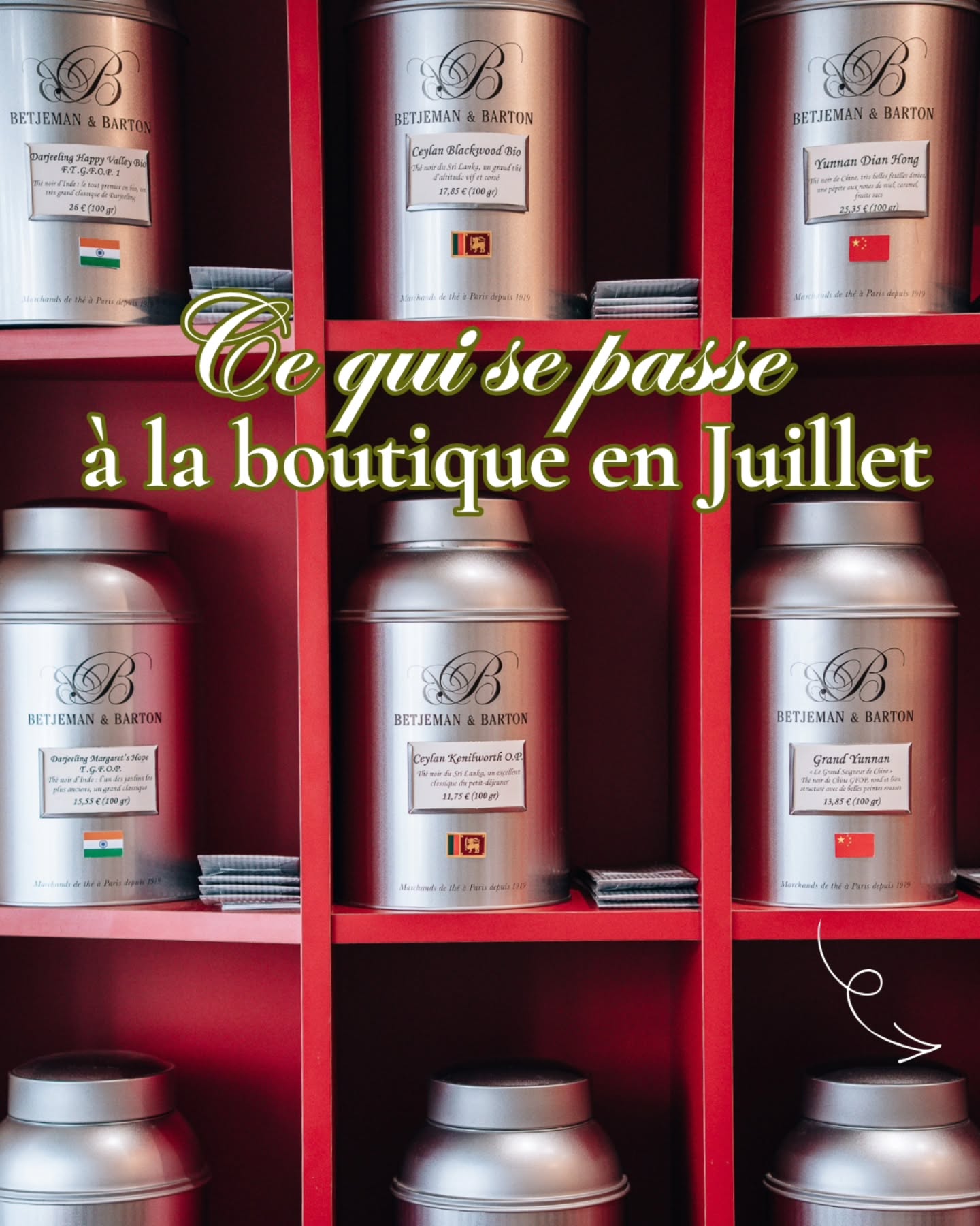 ☀️ L’agenda de juillet est là ! ☀️
Un mois placé sous le signe de la gourmandise, des dégustations et des moments de partage à la boutique Betjeman & Barton Tours 🌿🫖
🍽️ Atelier dégustation « Le thé passe à table » : découvrez comment le thé peut sublimer un repas grâce à des accords surprenants et gourmands | jeudi 9 juillet à 19h00 (durée 2h - 40€)
🥞 Journée galettes bourgueilloises de la pâtisserie Brémaud à Bourgeuil (nature, fraises ou framboises) à commander par message ou par mail avant le 15 juillet | à récupèrer à la boutique le vendredi 17 ou le samedi 18 juillet
🍹Atelier dégustation Tea Mocktails : des cocktails sans alcool à base de thé et d’infusions pour faire le plein d’inspiration estivale | lundi 27 juillet à 15h (durée 2h - 35€)
🌞 Fermeture estivale : la boutique sera fermée du 1er au 17 août inclus 🌴☀️ Pensez à faire le plein de vos thés préférés avant les vacances !
⚠️ Les places pour les ateliers sont très limitées
🎫 Réserver votre place par mail ou sur le site (lien en bio)
📍Boutique Betjeman & Barton au 27 rue Marceau à Tours
🫖 Et vous, quel rendez-vous vous tente le plus ce mois-ci ?
#betjemanandbarton #toursmaville #teatime #atelierdegustation