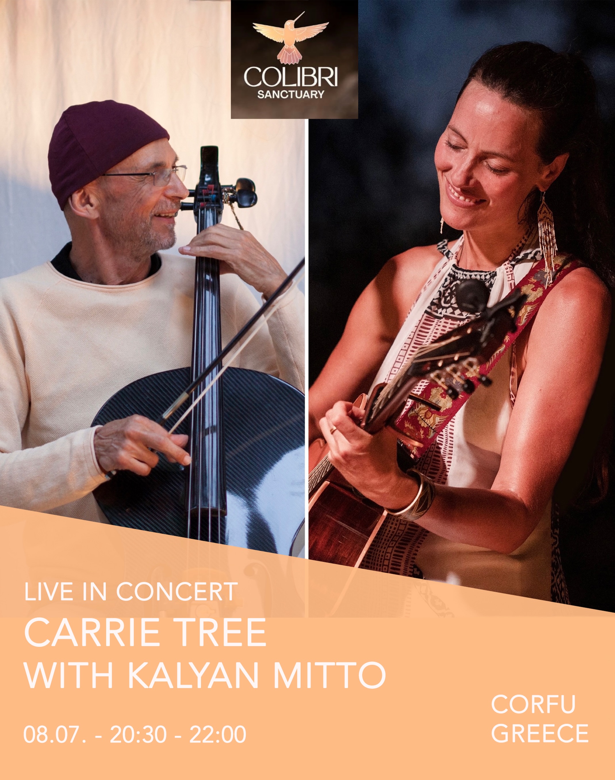 Concert this Wednesday 8th July at 20:30, at Colibri Sanctuary, Arillas, Corfu, Greece.
We’ll be sharing an evening of songs, cello and stories, celebrating the tender and joyful ways of being human ✨🎶
Community tickets are available for €20 (instead of €30) using the booking code carrietree20, or you can simply pay at the door.
The Colibri site feels especially relaxed and spacious after the festival, making it a beautiful time to enjoy the place and share an evening of music with us.
We’d love to see you there! 🎶💃✨🌺🌿
@colibri.sanctuary @kalyanmitto @carrietreemusic @colibrispirit.festival