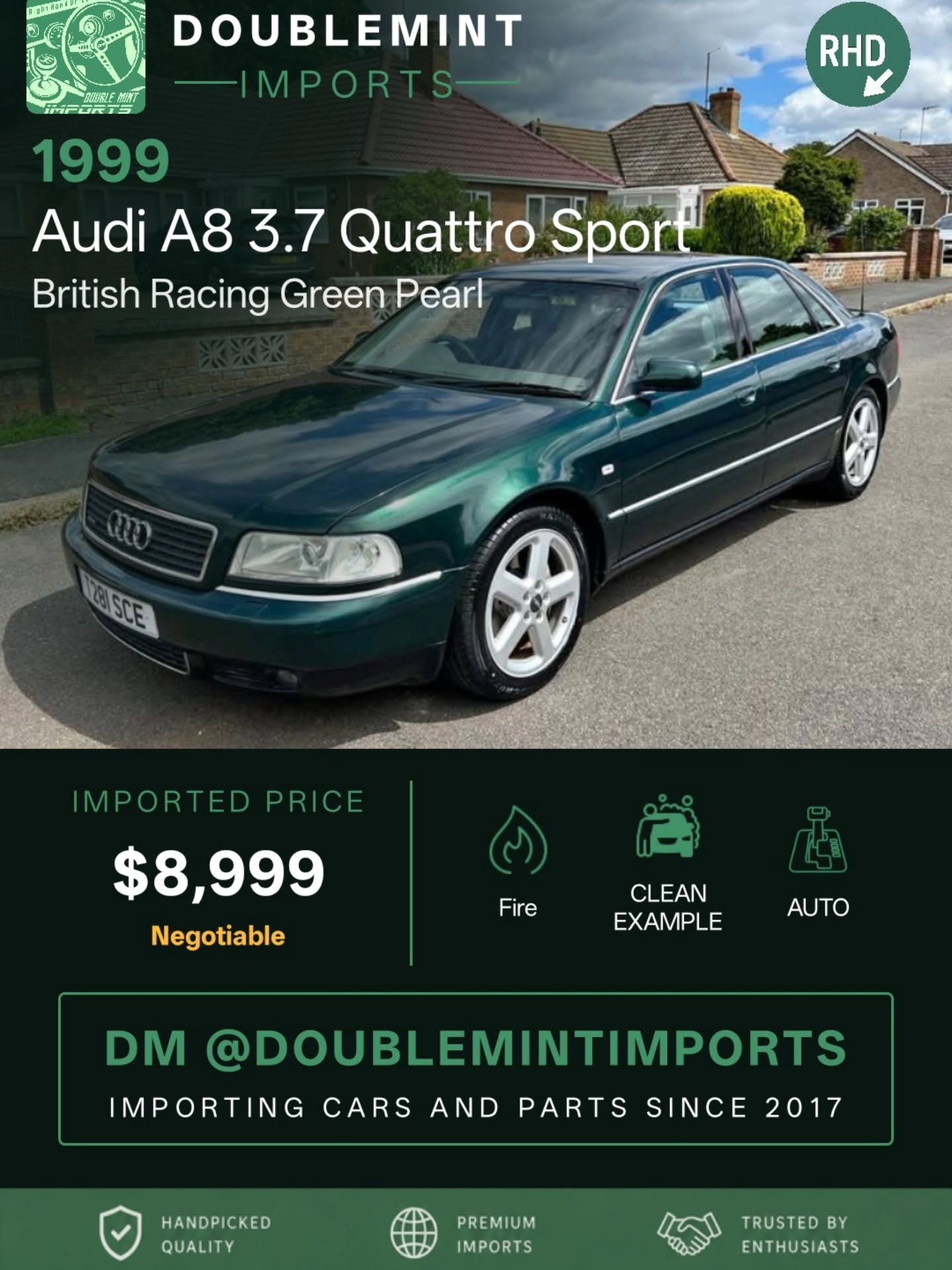 For sale is my Very high specification Audi A8 3.7 Quattro Sport in British Racing Green Pearl with grey leather interior, with relatively low mileage for the age (118,000)
Being 1999 (T-plate) it is an early face-lift example in desirable Sport trim. It comes with all top of the range drivetrain technology Audi had to offer in the late 90's: V8, 40 valve, quad cam engine mated with 5 speed automatic gearbox, Tiptronic manual gear change option using buttons located on the steering wheel, Quattro four wheel drive system.
What's important - it was first 'mass' produced car with the body made of aluminum. Technology called by the manufacturer 'ASF' - Audi Space Frame. The Sport trim makes it look like the Audi S8 of that era – same interior with these fantastic fully electric adjustable Audi Sport 'Recaro' leather seats with memory, same three spoke Sport steering wheel and lowered suspension.
📍 Mileage: 118,000
⚡ Inventory moves FAST. Serious buyers only.
🔎 Want to search your own cars? Link in bio.
📩 DM us for full details, walkaround videos, shipping info, and availability.
🌐 Visit: www.doublemintimports.com
"A bad day driving beats a good day at work."
#audi #quattro #audis8 #britishracinggreen
