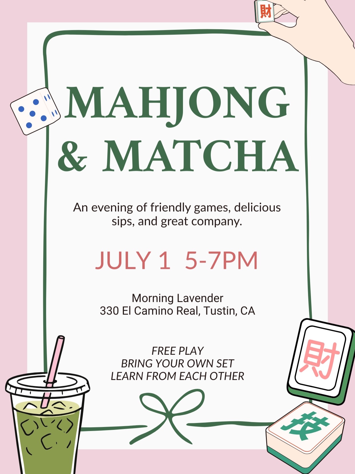 A fun evening of mahjong, matcha, and good company 🍵🀄️
Join us at Morning Lavender Café for a relaxed night of friendly games, sweet treats, and handcrafted matcha drinks including our new Matcha Martini Float (see the last slide).
Whether you’re a seasoned player or just learning, bring your tiles, pull up a chair and spend the evening with us.
We will be setting up several tables for open/free play. Sets not included.
Tag your mahjong partner and we’ll see you there. ✨