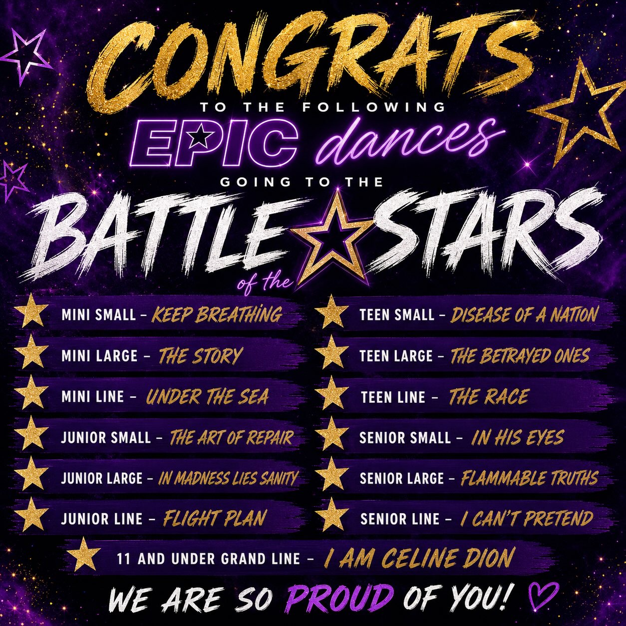 ✨ BATTLE OF THE STARS, HERE WE COME! ✨
What a moment. What an EPIC season. 💜 Watching these routines earn another chance to take the stage is something we’ll never take for granted.
Congratulations to every dancer, teacher, and family behind these incredible performances. Your hard work, passion, resilience, and heart have led you here and we cannot wait to watch you light up the Battle of the Stars stage.