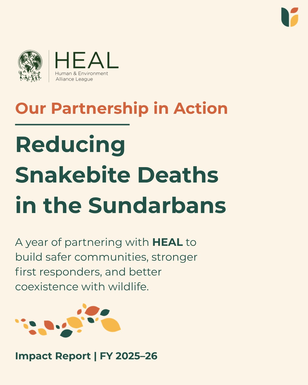 Over the past year, our partnership with @healplanet has focused on one simple but urgent goal: ensuring that a snakebite is no longer a death sentence in the Sundarbans.
HEAL's deep-rooted presence in the region, commitment to community-led conservation, and thoughtful approach to public health have made them an exceptional partner in driving meaningful change. Together, we worked with communities, ASHA workers, village doctors, traditional healers, and local responders to strengthen awareness, improve first response, and encourage safer coexistence between people and wildlife.
The project reached more than 4,200 community members, trained 193 ASHA workers, 95 village doctors, and 30 traditional healers, while enabling the safe rescue of 51 snakes from human settlements.
What makes this work meaningful isn't just the numbers. It's the lasting shift in knowledge, confidence, and behaviour that helps save both human and animal lives.
We're proud to have partnered with an organisation like HEAL, whose dedication, expertise, and close engagement with local communities continue to create lasting impact. We look forward to building more resilient, informed, and safer communities together.
#PartnershipInAction #PublicHealth #WildlifeConservation #CommunityImpact #Sundarbans #CapacityBuilding #UpadhyayaFoundation