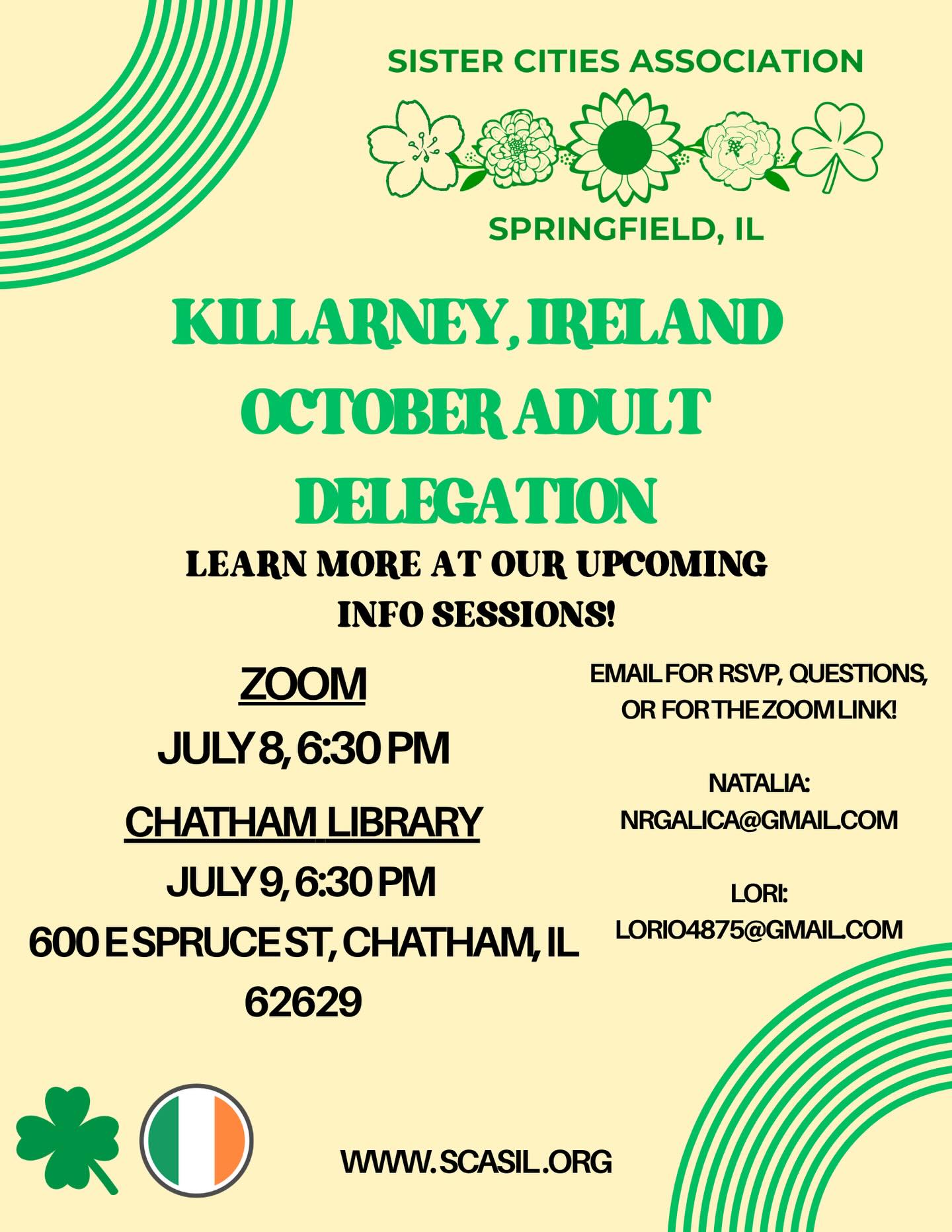 🚨🇮🇪 Heads up! Learn more about our Killarney, Ireland October Adult Delegation at our info sessions! July 8th (Zoom) and July 9th (Chatham Library)