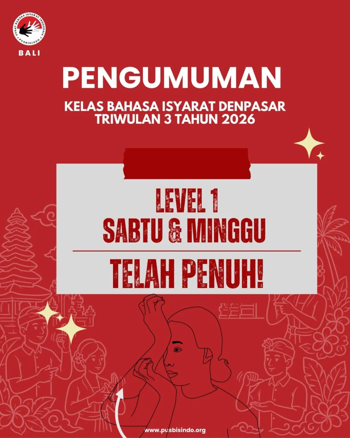 π’ INFO PENDAFTARAN KELAS BISINDO β PUSBISINDO CABANG BALI
Terima kasih atas antusiasme yang luar biasa!
β¨ Pendaftaran Kelas Bisindo Level 1 telah terpenuhi (FULL).
Bagi yang ingin memperoleh informasi lebih lanjut, silakan menghubungi Admin Pusbisindo Cabang Bali melalui kontak yang tertera di situs resmi: www.pusbisindo.org
β¨ Pendaftaran Kelas Bisindo Level 2 dan Level 3 masih dibuka hingga 15 Juli 2026
Jangan lewatkan kesempatan untuk melanjutkan perjalanan belajar Bahasa Isyarat Indonesia (Bisindo)!
#pusbisindo #kelasbahasaisyarat #bisindo #pusbisinsobali