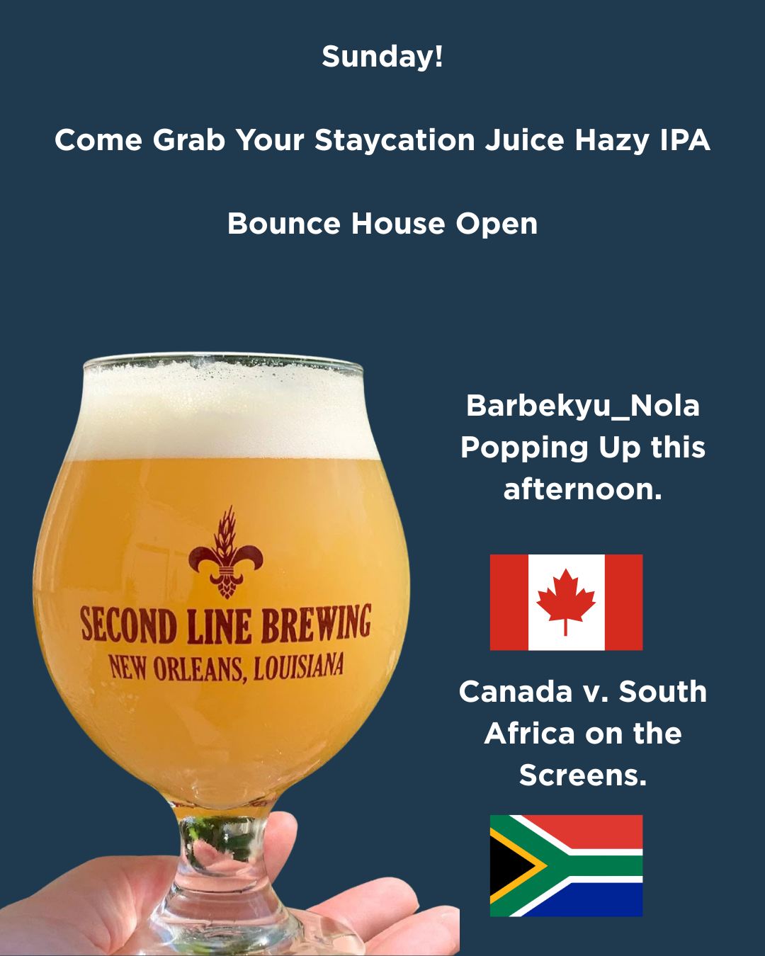 ๐บ Beach vibes, no flight required.
The bounce house is OPEN, Staycation Hazy IPA is flowing on tap, and @barbekyu_nola is popping up with the good eats. Grab a shady spot in the beer garden and settle inโwe've got plenty of room to spread out. Canada vs. South Africa will be on the TVs.
One favor: please parallel park out front. It's a dead-end street, and tidy parking keeps everybody (neighbors included) happy. ๐
Second Line Brewing โข 433 N. Bernadotte
Come stay a while. โ๏ธ