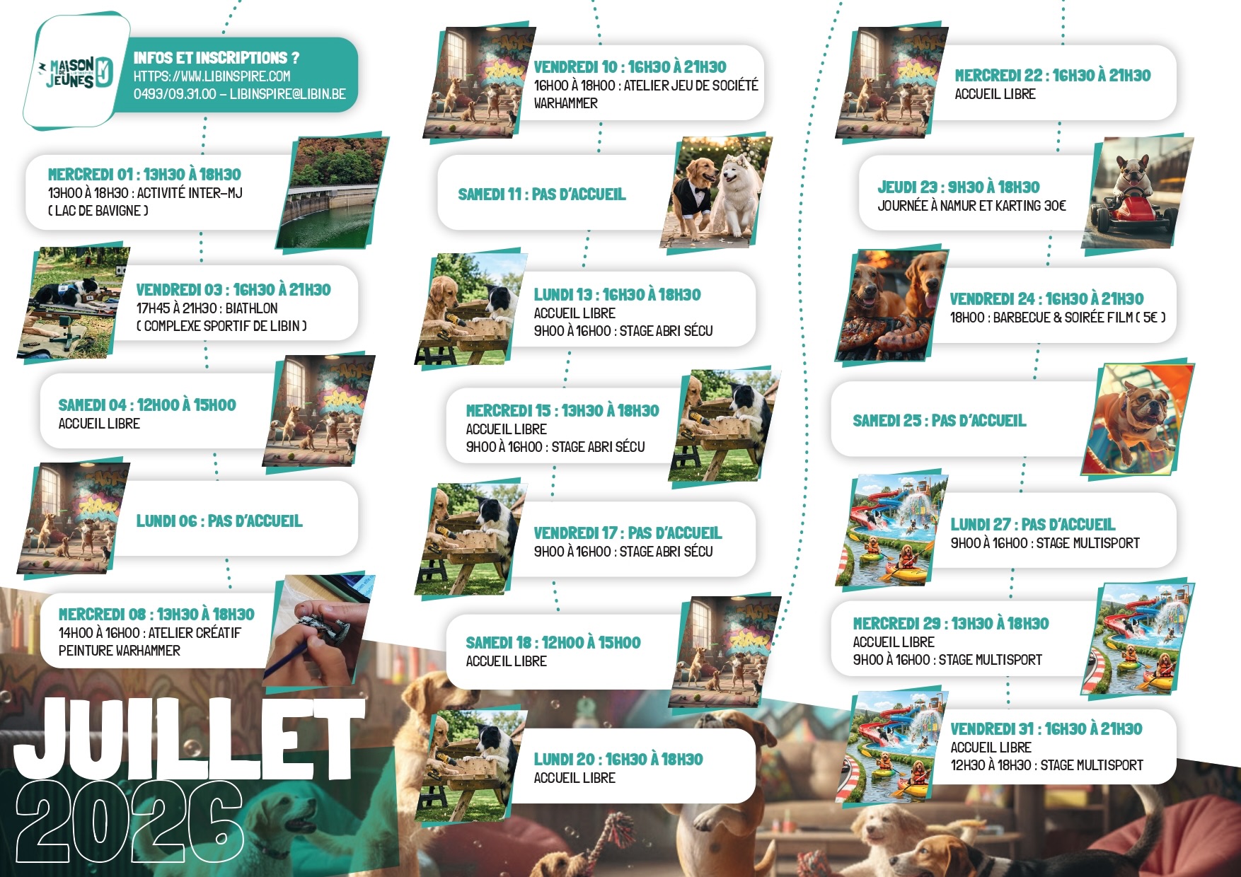 Le mois de juillet s’annonce bien rempli à la MJ ! 😎☀️
Les vacances sont enfin là, et avec elles un programme varié pour profiter pleinement de l’été. Que tu aies envie de relever des défis sportifs, de découvrir de nouvelles activités, de laisser parler ta créativité ou simplement de passer du temps entre amis, il y en aura pour tous les goûts !
Au programme : un biathlon, une activité inter-MJ, des ateliers Warhammer, des accueils libres, un stage de construction d’un abri à vélos, une journée culturelle à Namur qui se terminera par une session de karting 🏎️, avant de clôturer le mois en beauté avec notre stage multisport ! 💪
Les inscriptions se font directement sur notre site :
https://www.libinspire.com/
Pour toute question, vous pouvez nous contacter par mail, téléphone, en commentaire, sur nos réseaux sociaux ou via le formulaire en ligne 🙂