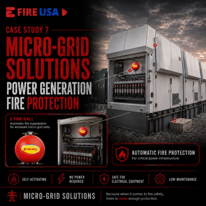 Case Study 7: Micro-Grid Solutions ⚡🔥
Microgrids help keep power running for commercial, industrial, municipal, and mission-critical facilities — but enclosed power generation units can still face fire risk from electrical components, fuel sources, and high-temperature equipment.
For this application, E Fire USA recommended the E Fire Ball as a simple, automatic first line of defense inside microgrid power units.
✅ Self-activating upon flame contact
✅ No external power source required
✅ No manual operation needed
✅ No pressurized cylinder system
✅ Low-maintenance fire protection
✅ Designed for enclosed equipment areas
Protecting power infrastructure before small incidents become major outages.
Because when it comes to fire safety, there is never enough protection.
#EFireUSA #Microgrid #Microgrids #PowerGeneration #FireSafety