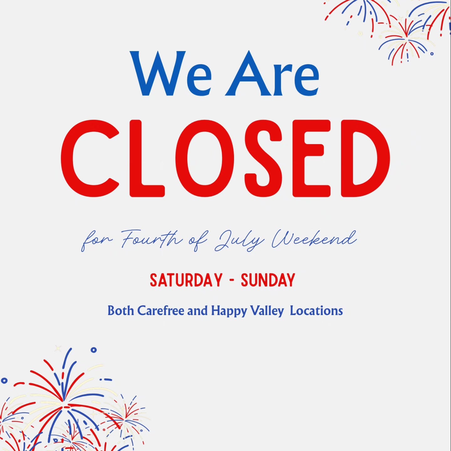 As we celebrate Independence Day, both our Carefree and Happy Valley locations will be closed Saturday and Sunday for the Fourth of July weekend.
We hope you have a wonderful holiday filled with laughter, great food, and quality time with friends and family. Whether you're relaxing at home, traveling, or enjoying the festivities, please celebrate safely and make some special memories.
We look forward to seeing you when we reopen! ❤️🤍💙
#EvolveSalonAndSpa #FourthOfJuly #HolidayWeekend #ClosedForTheHoliday #StaySafe FamilyAndFriends Happy4thOfJuly