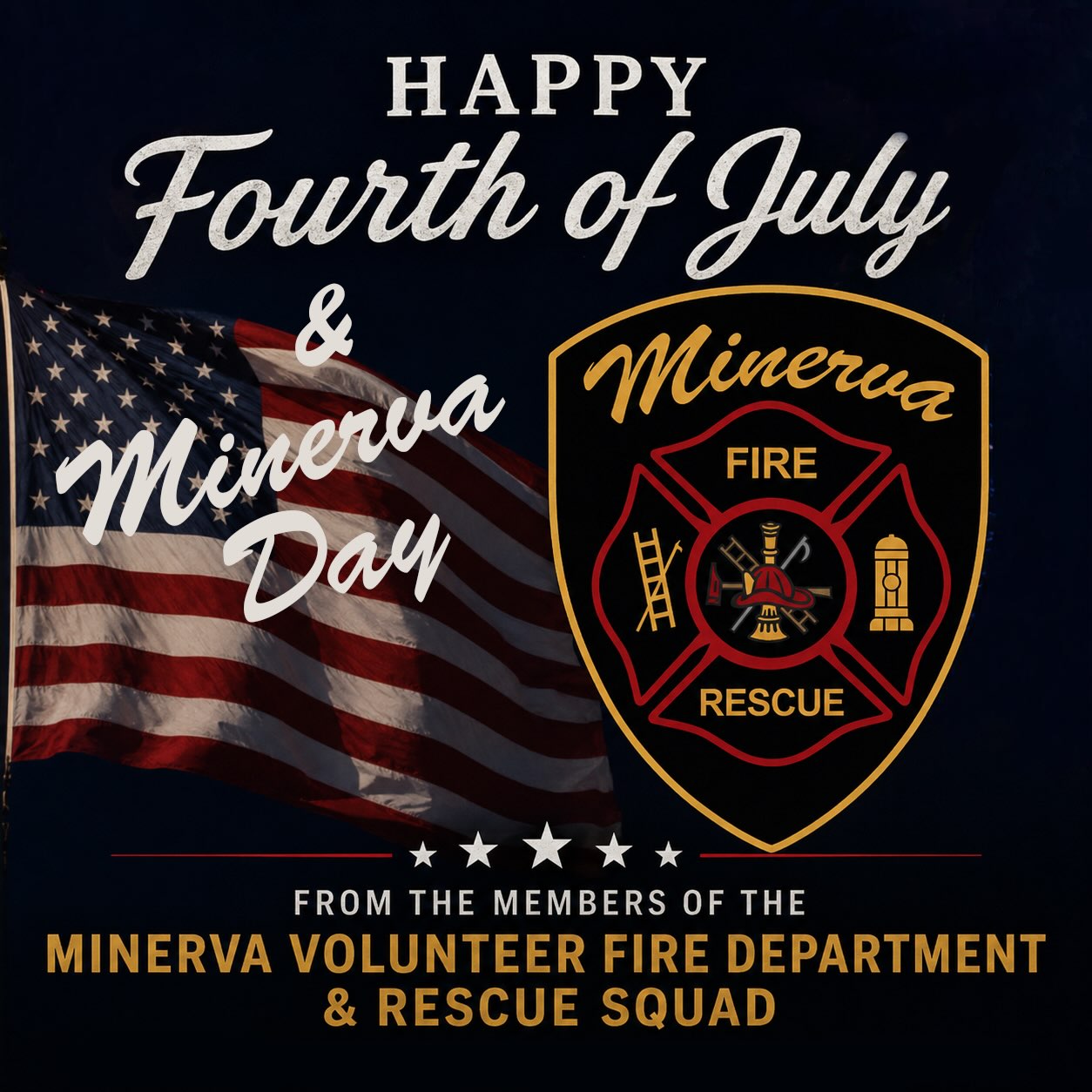 Happy Fourth of July and Minerva Day from the Members of the Minerva Volunteer Fire Department & Rescue Squad! 🍀🇺🇸
As we celebrate our nation’s independence and our town with family, friends, cookouts, and fireworks, we encourage everyone to make safety their number one priority.
Firework Safety Reminders:
- Never allow young children to handle fireworks.
- Older children should only use fireworks under close adult supervision.
- Never use fireworks while impaired by drugs or alcohol.
- Wear protective eyewear if you’re using fireworks or standing nearby.
- Never hold lighted fireworks in your hands.
- Never light fireworks indoors.
- Use fireworks only in open areas away from people, homes, vehicles, and other flammable materials.
- Never point or throw fireworks at another person.
- Light only one firework at a time and move to a safe distance immediately.
- Never ignite fireworks inside a container.
- Do not attempt to re-light or handle malfunctioning fireworks.
- Soak spent and unused fireworks in water for several hours before disposing of them.
- Keep a bucket of water or a garden hose nearby in case of fire or to safely extinguish fireworks that don’t go off.
- Never use illegal fireworks.
Grill Safely:
- Keep grills well away from homes, decks, and anything that can burn.
- Never leave a lit grill unattended.
- Keep children and pets at least 3 feet away from the cooking area.
In case of an emergency occurs, call 911 immediately. Stay safe, celebrate responsibly, and have a Happy holiday weekend! 🚒