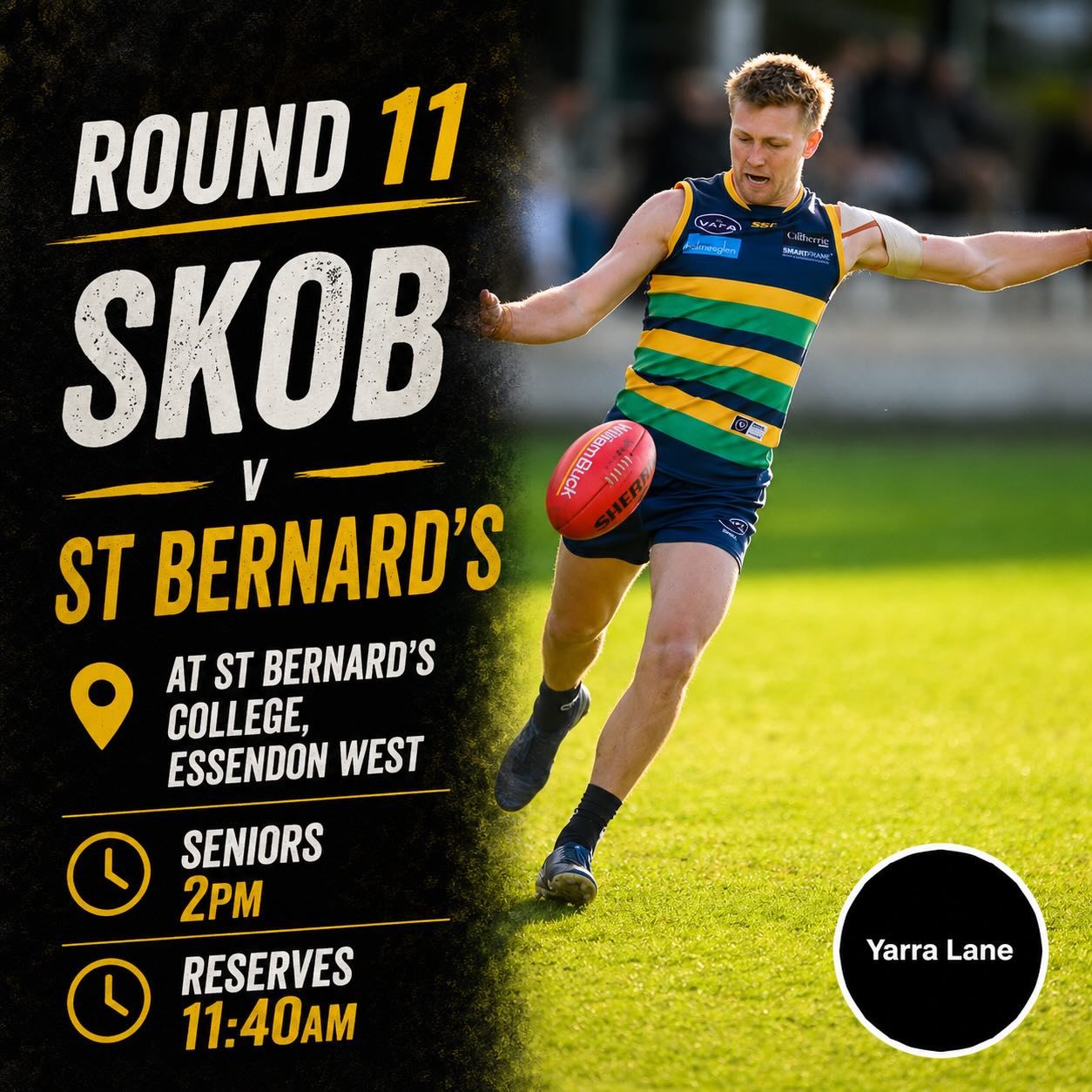 SKOB travels out to St Bernard’s tomorrow for our Round 11 clash! Get along to support!!
Proudly sponsored by @yarralanegroup
#goSKOB💙💛💚