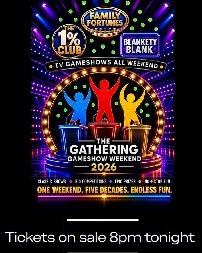 Tonight you can get tickets to the hotly anticipated Gathering Gameshow Weekend.
Think you can do better than Gameshow contestants?
Meet new friends, connect with old ones and show that you’re a Gameshow guru.
Check link in Bio for more info
