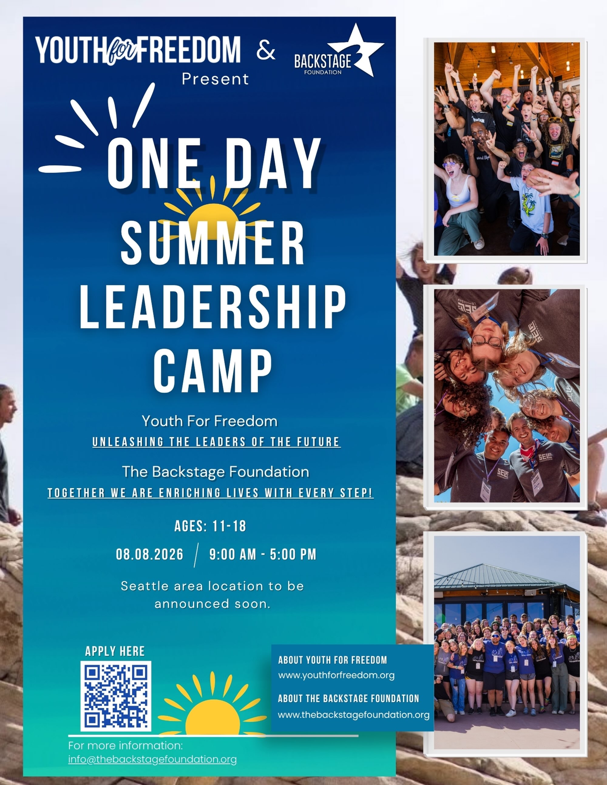 Summer is here and Backstage is so excited to partner with @youthforfreedom for an unforgettable One Day Summer Leadership Camp designed for youth ages 11 to 18!☀️😎
Spend the day building friendships, growing as a leader, discovering your strengths, and making memories that last far beyond summer. ☀️😃
At The Backstage Foundation, we believe in creating opportunities that empower young people through community, character, and personal growth. We can’t wait to experience this amazing day together!🩷💜🩵
📅 August 8, 2026
🕘 9:00 AM to 5:00 PM
📍 Seattle area location coming soon
✨ Register with the Jot Form link in our bio today!
Together we are enriching lives with every step!🕺🏾💃🏻🪩
#TheBackstageFoundation #YouthForFreedom #LeadershipCamp #YouthLeadership #Dance