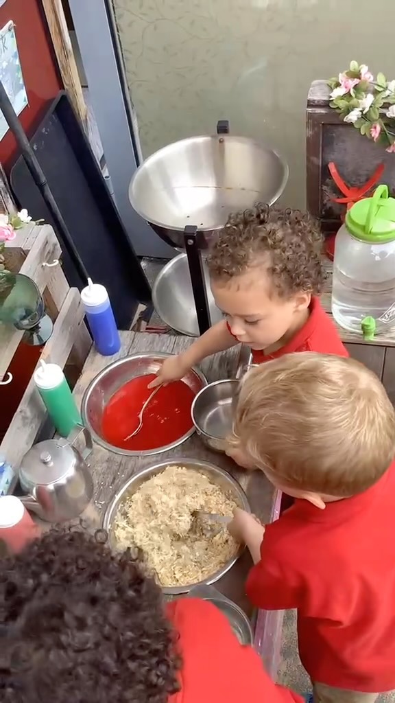 Our outdoor kitchen is back in action…
Pouring, spooning, mixing and making the most marvellous colourful concoctions. The hand eye coordination is incredible as is the imagination but it’s the conversations and watching them work together that really makes us smile.
“Look at my one!” cue fits of laughter
We can’t help but wonder if Gordon Ramsay’s early culinary experiments were quite this... adventurous!!