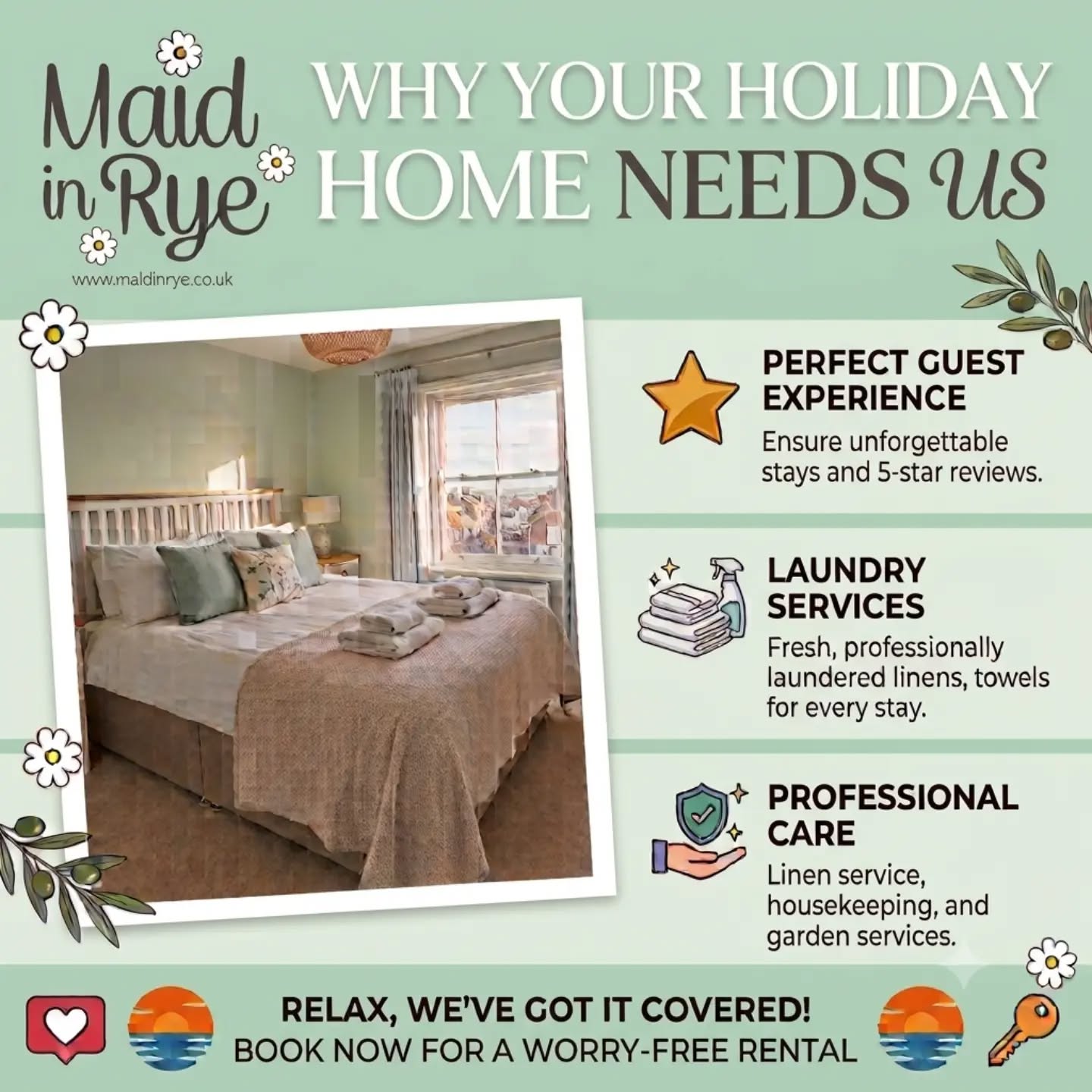 Is your holiday home guest-ready? 🏡✨
Managing a holiday rental from afar can be a juggling act, but first impressions are everything. To secure those glowing 5-star reviews and keep guests returning year after year, your property needs to look immaculate every single time the doors open.
Here is exactly why partnering with a professional housekeeping team like Maid in Rye is a game-changer for your holiday home:
🌟 The Perfect Guest Experience
Guests expect hotel-standard perfection. A professional team ensures pristine presentations, crisp sheets, and unforgettable stays that turn into 5-star reviews.
🧺 Premium Laundry Services
No more worrying about turnaround times. Enjoy fresh, professionally laundered linens and towels delivered straight to your property for every single check-in.
🌿 Complete Professional Care
We look after your property inside and out. From meticulous housekeeping to specialized garden services, your home stays beautiful and well-maintained year-round.
Take the stress out of property management. Relax, we've got it covered! 👋
📲 Tap the link in our bio to book your worry-free rental service today or visit www.maidinrye.co.uk.
#HolidayHome #PropertyManagement #MaidInRye #HolidayLet #GuestExperience HousekeepingServices RyeSussex StaycationUK AirbnbHost LuxuryRentals