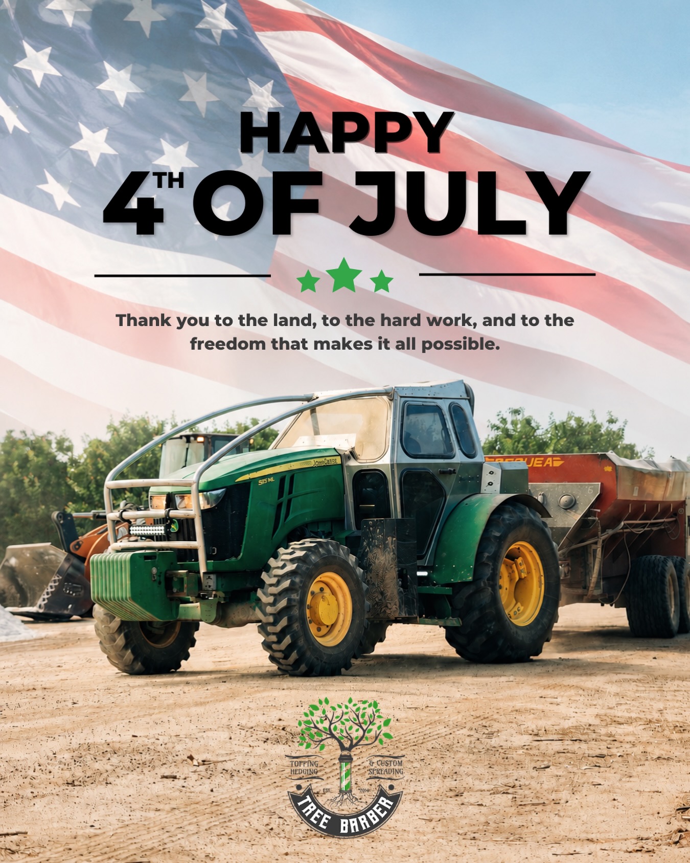 Happy 4th of July! 🇺🇸 Whether you’re spending the day with family or enjoying a well-earned break, we hope you have a safe and relaxing Independence Day. Here’s to hard work, strong roots, and the people who keep agriculture growing! #TreeBarber #FourthOfJuly #IndependenceDay