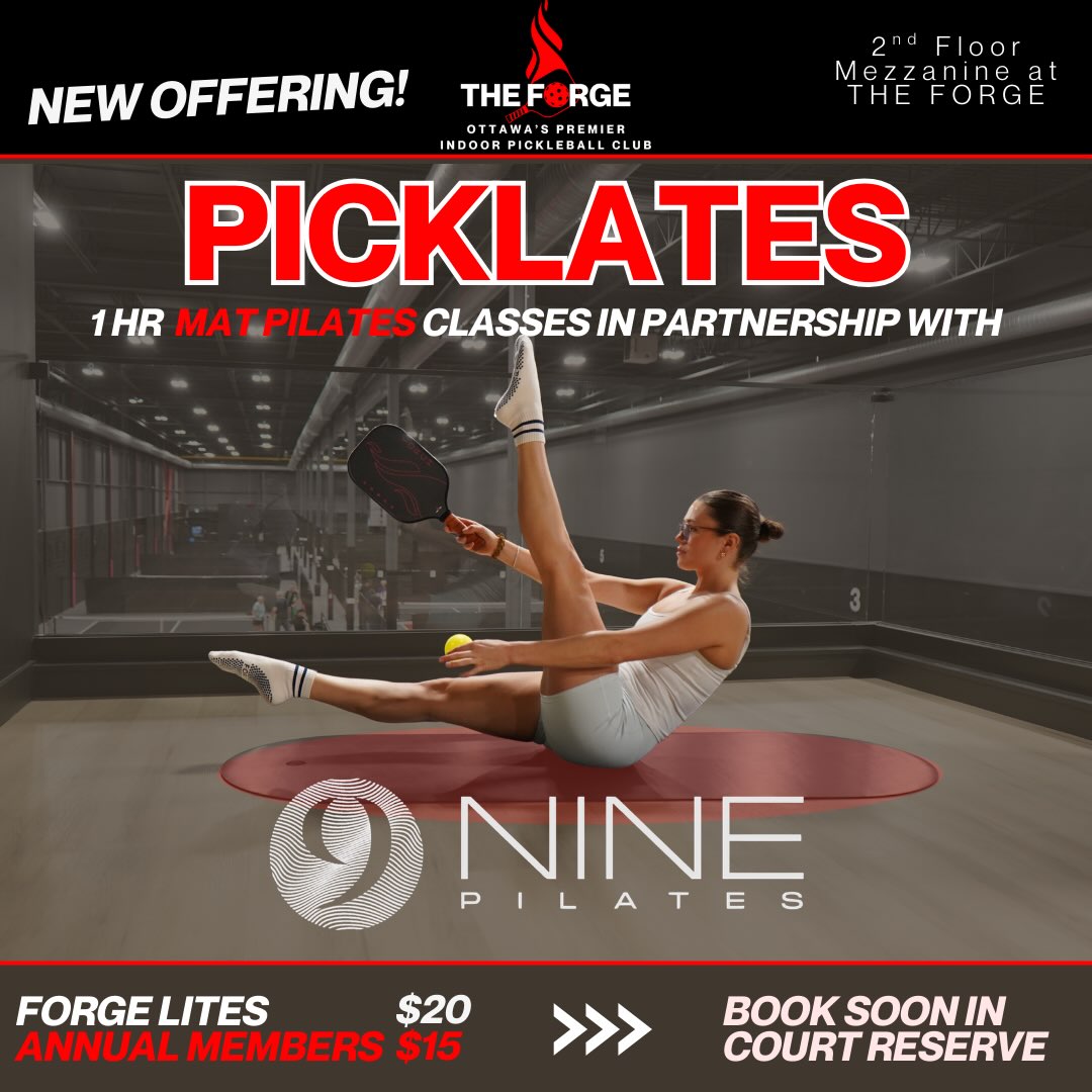 🔥 BACK AT THE FORGE: PICKLATES! 🔥
Where Pickleball meets Pilates.
We’re excited to have Nine Pilates back in the MEZZ to bring you 1-hour mat Pilates classes!
Whether you’re looking to improve your:
✨ Core strength
✨ Flexibility
✨ Balance
✨ Mobility
✨ Injury prevention
Pricing:
• Annual Members: $15
• Forge Lite Members & Guests: $20
📍 The Forge – 2nd Floor Mezzanine
Sunday, July 12th 10am
📲 Book your spot now through CourtReserve! (Link in comments)
Train smarter. Recover stronger. Play better.
#TheForgeOttawa #Picklates #Pickleball #Pilates NinePilates TrainRecoverPlay
