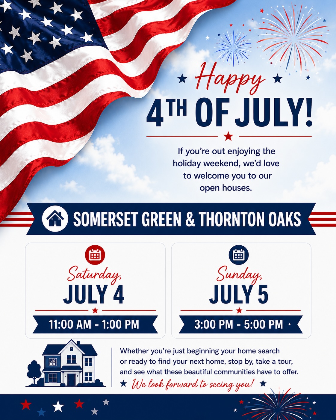 Holiday plans? Add a home tour to the list. 🇺🇸
We’ll be hosting open houses this weekend in Somerset Green and Thornton Oaks. Come take a look, ask questions, and explore what’s available.
We’d love to see you there!
𝗧𝗵𝗼𝗿𝘁𝗼𝗻 𝗢𝗮𝗸𝘀:
📍738 Curtin St
📍740 Curtin St
📍752 Curtin St
📍756 Curtin St
𝗦𝗼𝗺𝗲𝗿𝘀𝗲𝘁 𝗚𝗿𝗲𝗲𝗻:
📍3506 Dorset Cliff Ln
📍3509 Eaton Estates Ln
📍949 Blackshire Ln
📍3707 Somerset York Ln
📩 Message us for available homes and private tours.