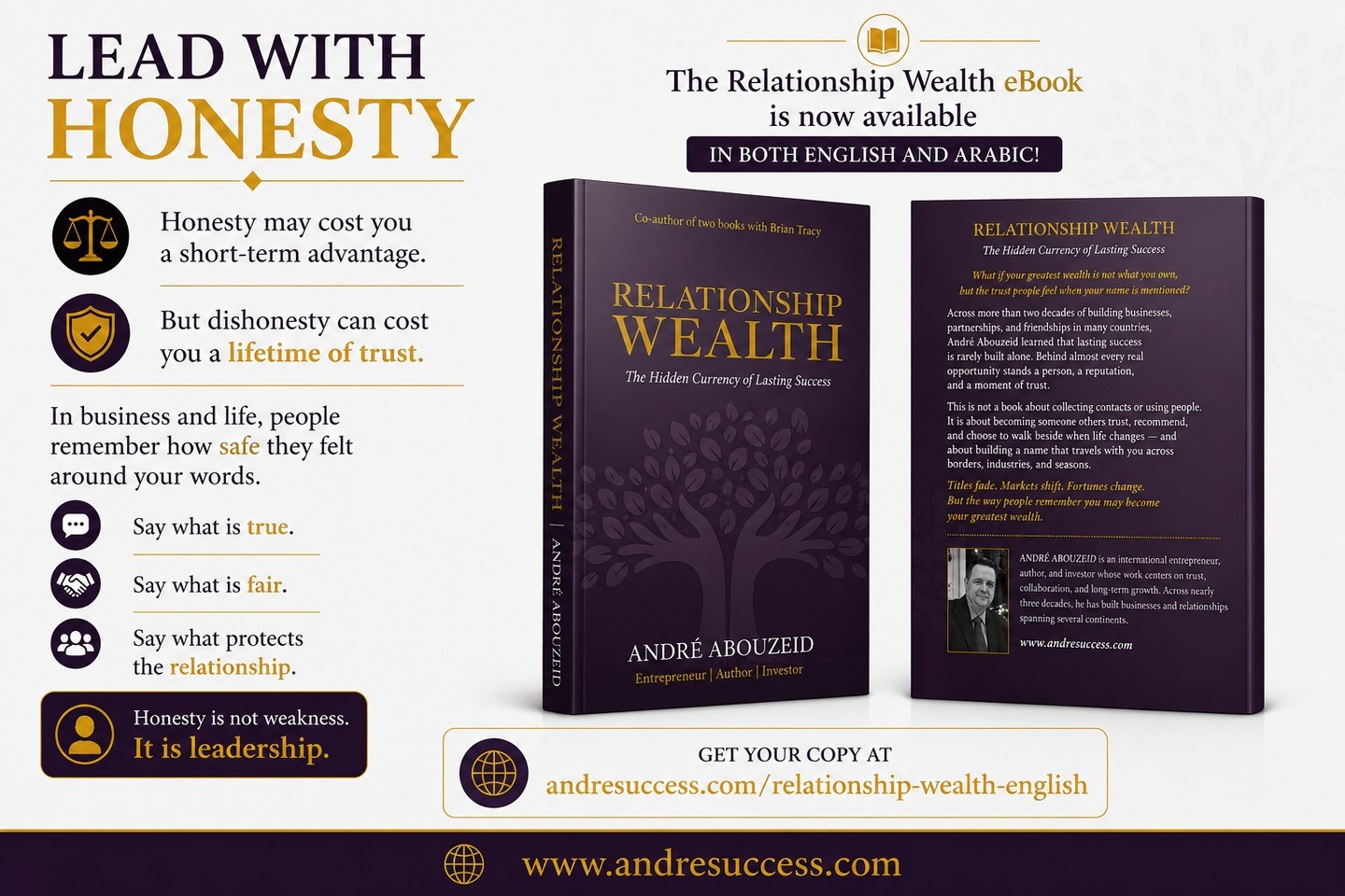 People may forget what you achieved.
But they will always remember how you made them feel.
Trust is built in ordinary moments—in keeping your word, showing consistency, and doing the right thing when no one is watching.
That's the kind of wealth that lasts.
📘 Relationship Wealth is now available as an eBook in English and Arabic.
Get your copy:
www.andresuccess.com/relationship-wealth-english
#RelationshipWealth #Leadership #Trust #Entrepreneur #Success #PersonalGrowth #Networking #Integrity #BusinessGrowth #AndreAbouzeid