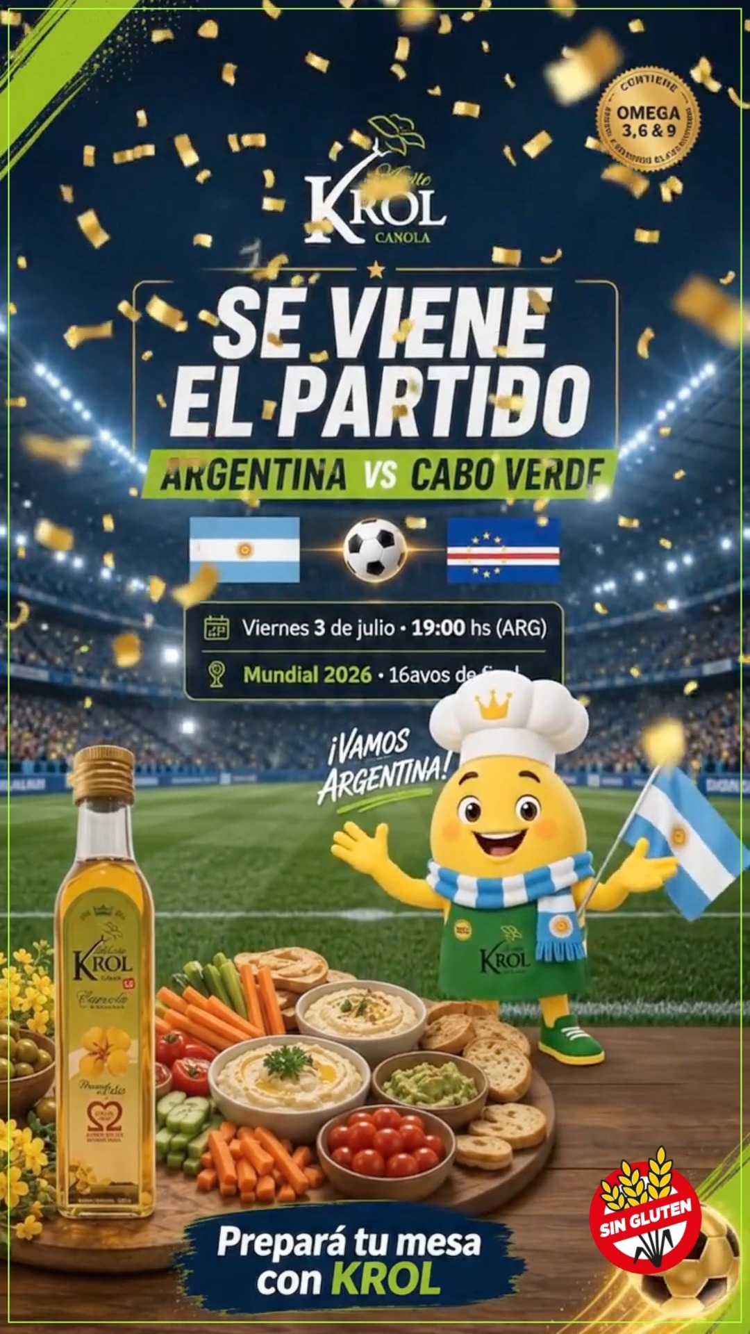 🇦🇷⚽ Mañana juega Argentina… y la previa ya se empieza a preparar.
Se viene un partido clave y en la mesa no puede faltar algo rico para compartir: picada, dips, verduras, pan tostado y ese toque natural de KROL. 💚
Porque alentar también se vive desde casa, con una mesa lista y una mejor elección para disfrutar cada momento.
🌿 Aceite de canola virgen
💛 Prensado en frío
✅ Sin TACC
🥗 Ideal para tus comidas y previas mundialistas
Mañana alentamos todos.
Hoy preparamos la mesa con KROL.
🇦🇷 Argentina vs. Cabo Verde
⚽ ¡Vamos Argentina!
#KROL #VamosArgentina #ArgentinaVsCaboVerde #Mundial2026 #PicadaMundialista #AceiteDeCanola #PrensadoEnFrio #Omega369 #SinTACC #LaMesaTambiénJuega #PreparáTuMesaConKROL