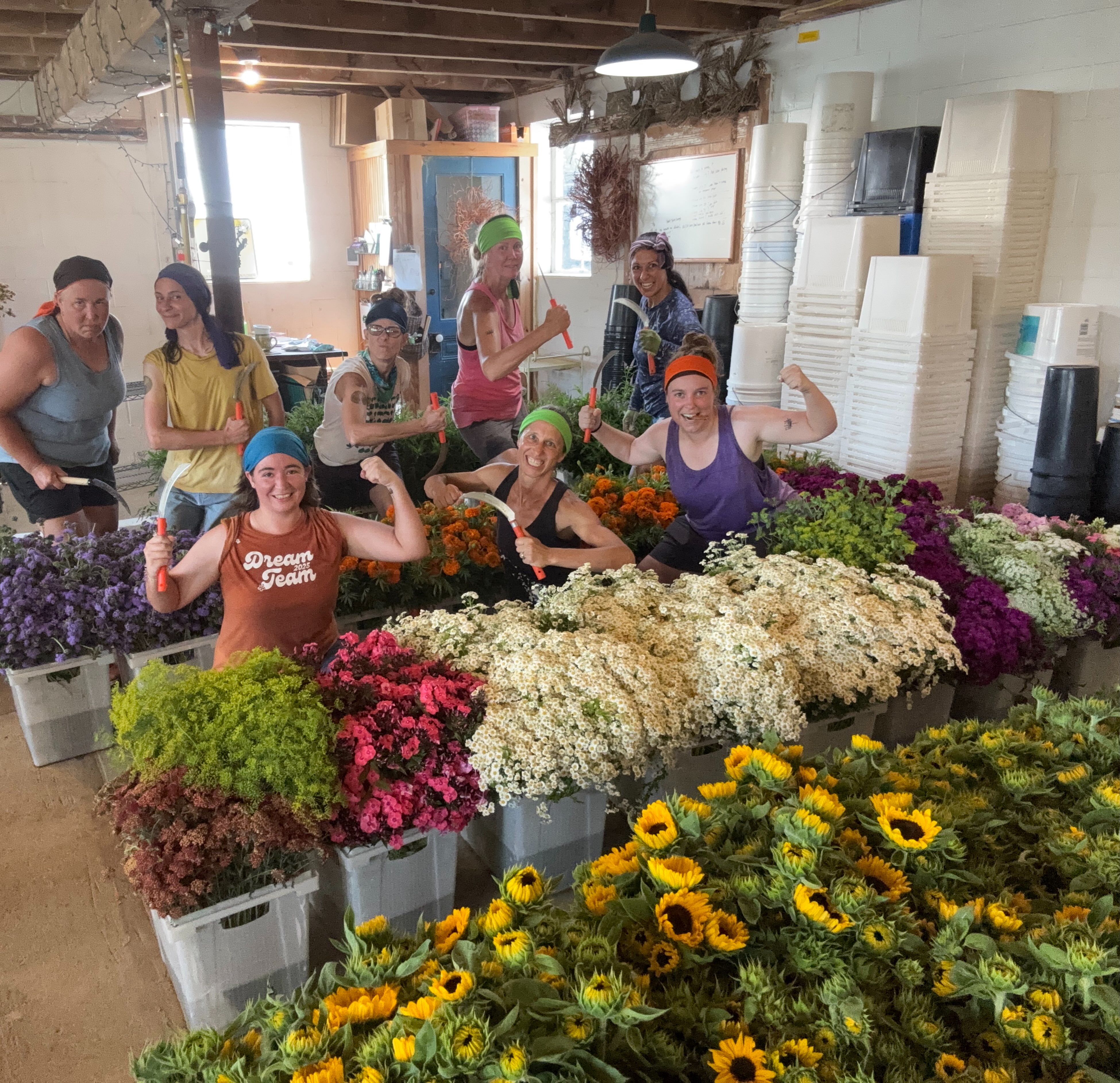 We sort of looked like sweaty pirates yesterday with our sickles, cooling head towels and temporary tattoos. Possibly just as fierce. All in the name of bringing you beauty, my friends.
Floral abundance headed to @talking_breads and @wegmans Mechanicsburg, Bethlehem and Nazareth and Allentown early this morning.