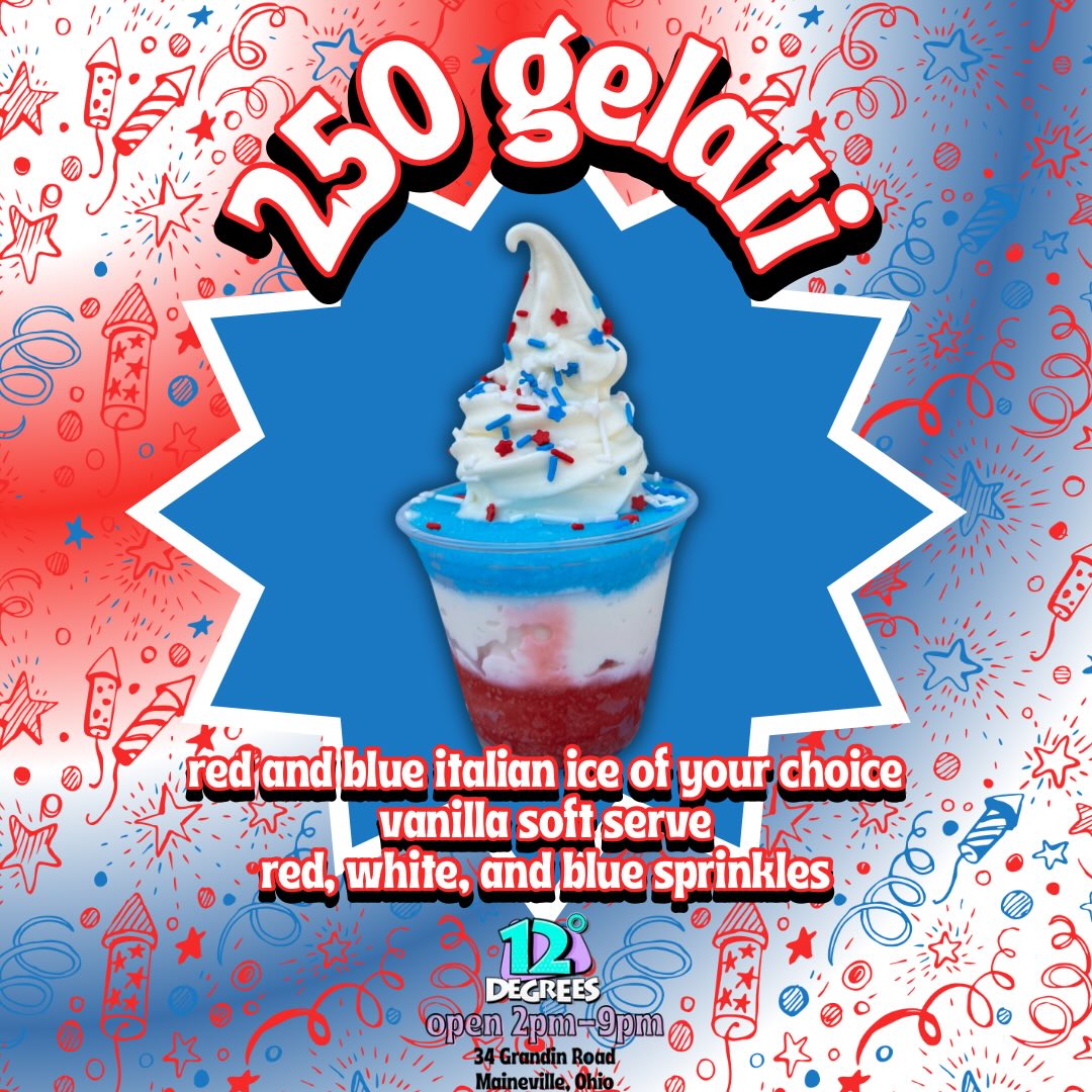 🎆Our 250 Gelati is $2.50 🎆
Now through Sunday, July 4th, we are celebrating America’s 250th birthday! You can get any red and blue Italian Ice layered in a Gelati with Vanilla Soft Serve and Sprinkles for $2.50! 🎉 swipe for our flavor list and we hope to see you soon! 👋