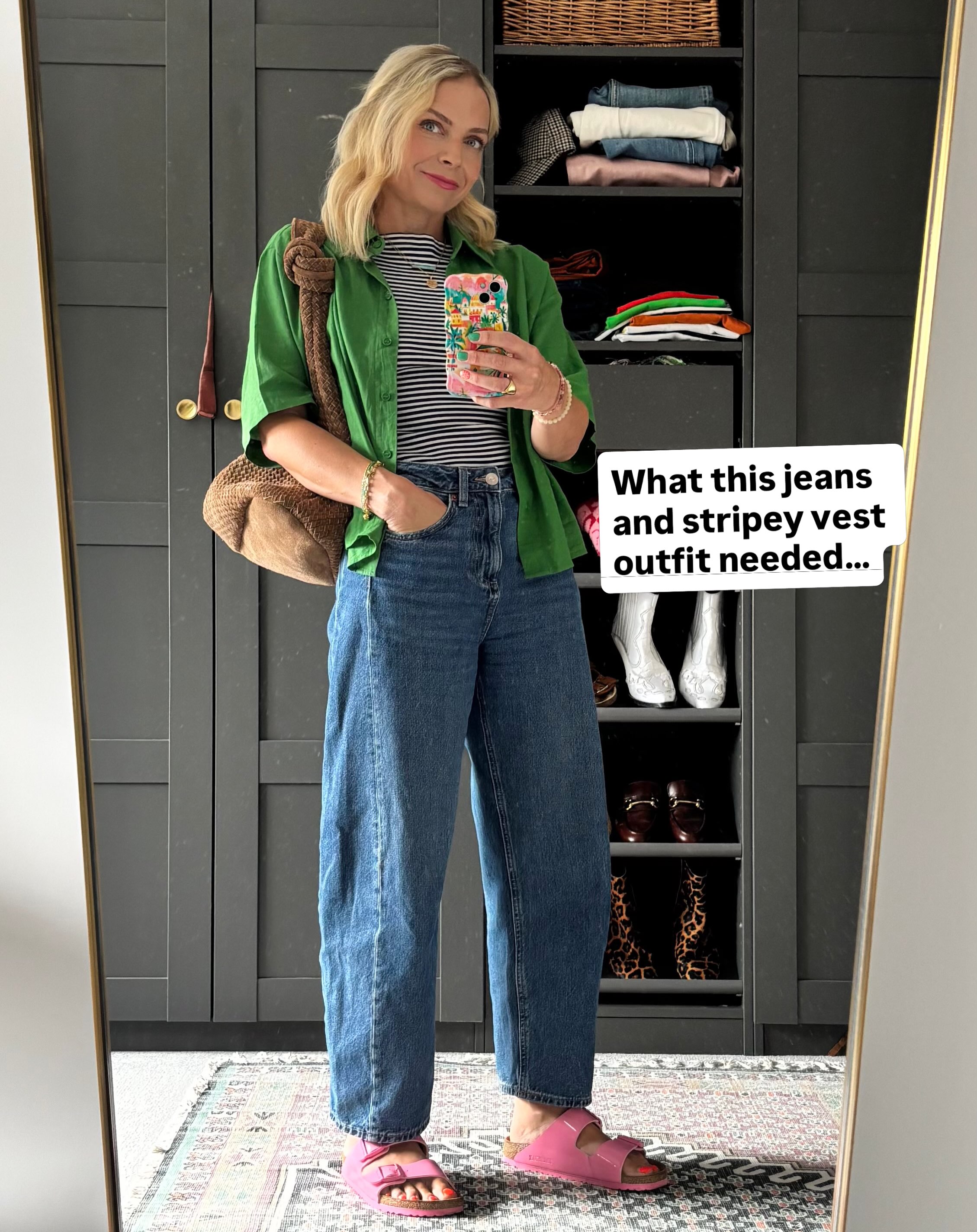 My watermelon nails actually gave me outfit inspo. Adding colour always make sense and it’s fun experimenting with different combos. Here, pink Birks and a green shirt but the options are plenty. If you would like to find out more about your best colours, and how to wear them with a colour consultation, please do get in touch.
Sun is coming back so I know a jacket and jeans outfit is possibly a step too far this week! I do miss wearing a jacket.
Style - personal style - personal stylist - women’s style - styling - style inspo - personal styling - casual outfits - everyday outfits - fashion - easy styling - rewear - restyle - wardrobe edits - reimagined - preloved - colour - colour inspiration - colours