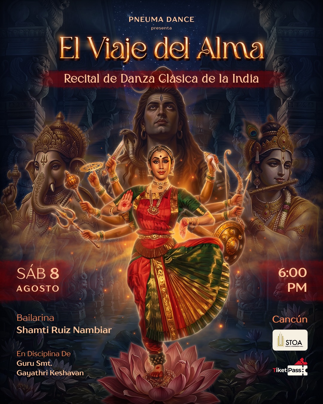 LA DANZA CLÁSICA DE LA INDIA LLEGA A CANCÚN 🇲🇽
EL VIAJE DEL ALMA
Recital de Bharatanatyam
La belleza y la espiritualidad de la danza clásica del sur de la India llegan a Cancún con El Viaje del Alma, un recital que forma parte de una gira internacional dedicada a compartir una de las tradiciones escénicas más antiguas del mundo.
A través del Margam, el repertorio tradicional del Bharatanatyam, cada coreografía narra historias de divinidades, mitos y arquetipos que revelan el profundo simbolismo de la filosofía hindú.
Inspirado en el concepto del Ātman —la esencia eterna del ser—, este espectáculo trasciende lo estético para convertirse en una experiencia contemplativa. Cada gesto, postura, mirada y mudra se transforma en un lenguaje sagrado que despierta emociones, fortaleza interior y devoción, invitando al público a conectar con su esencia más auténtica.
Interpretado por la bailarina Shamti Ruiz Nambiar @shamtiruiz directora de Pneuma Dance, con coreografías de su Gurú Smt. Gayathri Keshavan directora de Academy of Bharatanatyam, este recital es un puente entre tradición, arte y espiritualidad; una oportunidad única para descubrir la riqueza cultural de la India a través de su danza clásica.
📅 Sábado, 8 de agosto de 2026
🕕 6:00 p.m.
📍 Auditorio STOA @stoacancun
Av. Álamos 1, Centro, 77560 Cancún, Quintana Roo, México.
🎟️ Entradas disponibles en TicketPass.
🔗 Link en la bio: https://boletostkpass.comprarboletos.com/artes-escenicas/el-viaje-del-alma-358
#ElViajeDelAlma #Bharatanatyam #DanzaClásicaDeLaIndia #Cancún #PneumaDance