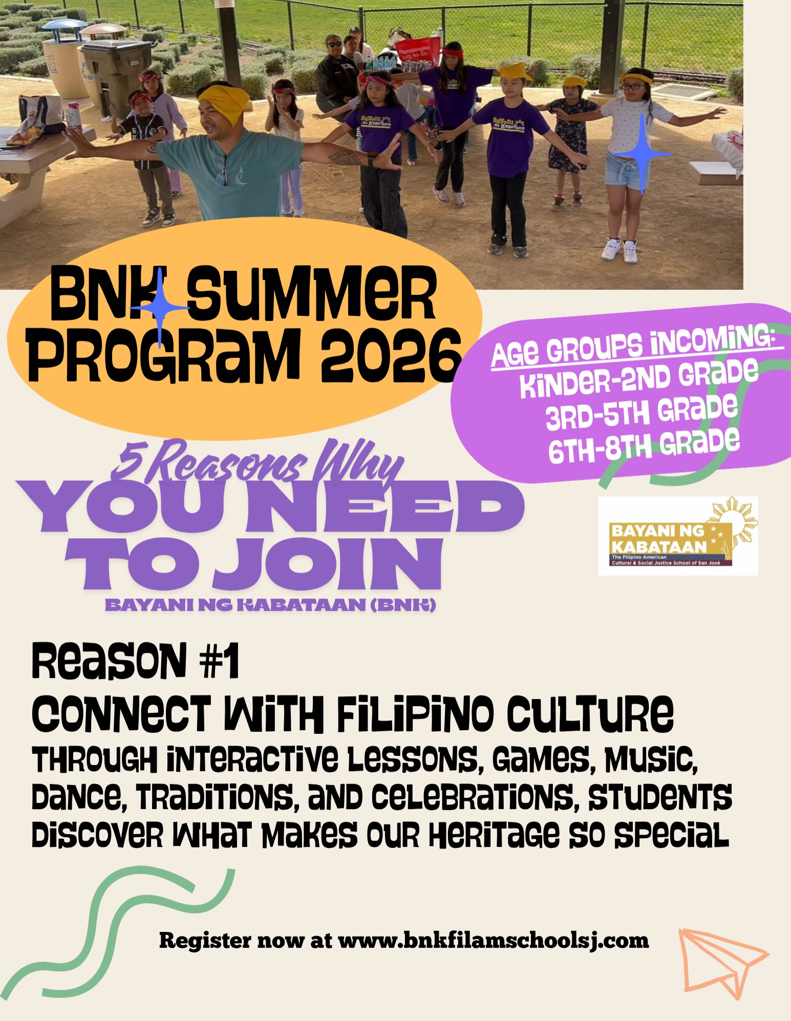 The pictures in this post share 5 reasons why your child should join BNK this summer! ☀️🇵🇭
Registration is $600 (approximately $86 per session) and includes:
-7 class sessions, including Filipino language
-A BNK T-shirt
-A BNK tote bag
-All class materials
We’re starting a little later than usual this year due to challenges securing a venue, but we’re excited to share that BNK has found a new home and can’t wait to welcome everyone!
This year’s registration fee also helps support fair wages for our dedicated teachers and covers the cost of our community center and classroom space, allowing us to continue providing a meaningful learning experience for our families.
Note: If your child or children cannot commit to all sessions pro-rate and drop-ins are available as well. Payment plans are also available!!
We can’t wait to see your family at BNK this summer! 💙
#bnkfilamschoolsj #filipinoamericanschool #summerprogram