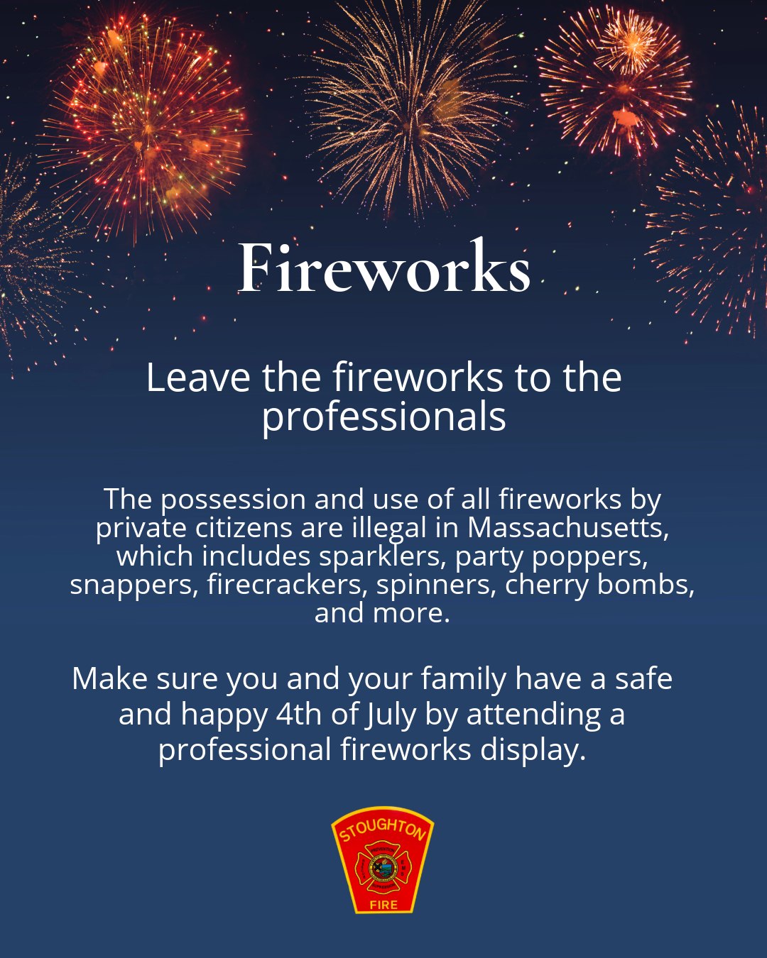 We know everyone is excited to celebrate the 4th of July this year, but we would like to remind you that fireworks are dangerous and illegal. Make sure to have a safe 4th by attending a professional fireworks display. â
â
#SFD #Safe4thOfJuly #4thOfJuly #FireWorks #IndependenceDay