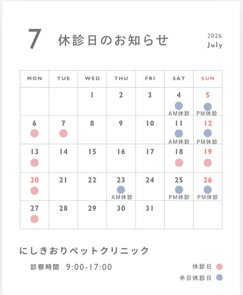 こんにちは😊
7月の休診日のお知らせです🚗
じめじめした日が続いていますね☔️
体調の変化も出やすい時期です、何かありましたらお気軽にご相談ください☺️
#にしきおりペットクリニック
#往診専門動物病院
#休診日
#志木