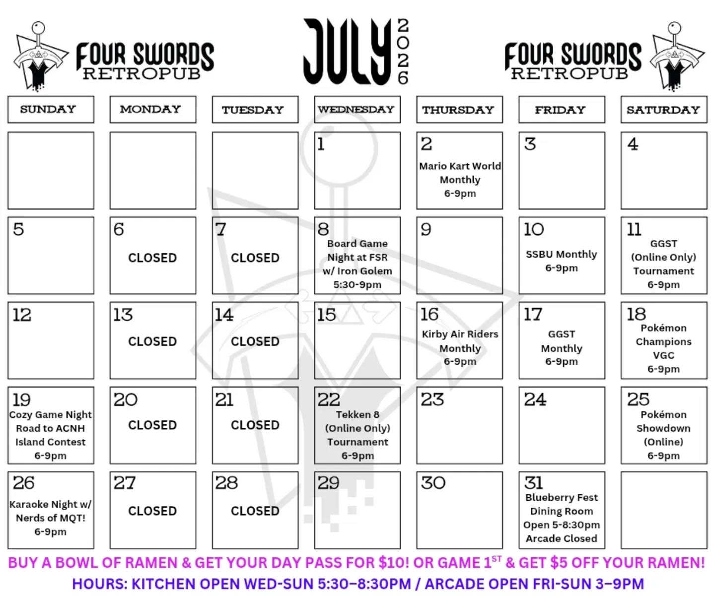 July is looking absolutely packed here at Four Swords Retropub! ๐๏ธโจ We are reposting this because we had to shift one quick thing around (Guilty Gear is moving to Friday, July 17th!), but here are the major highlights you wonโt want to miss:
โ๏ธ Brand New Pokรฉmon Events:
Trainers, itโs your time to shine. ๐ We have new Pokรฉmon events hitting the schedule this month! Mark your calendars for the Pokรฉmon Champions VGC on Saturday, July 18th, and our online Pokรฉmon Showdown on Saturday, July 25th.
๐ค Karaoke Night is Back!
The Nerds of MQT (NoM) are back! Get your song requests ready and warm up those vocal cords for Karaoke Night on Sunday, July 26th from 6-9 pm.
๐ซ Blueberry Fest (Friday, July 31st)
We will be out vending again for the festival, so make sure to look out for our special! If you're heading to the retopub itself that night, please note that our dining room kitchen will be open from 5-8:30 pm, but the arcade will be closed.
Grab a bowl of ramen, and come play some games with us this month! ๐๐ฎ