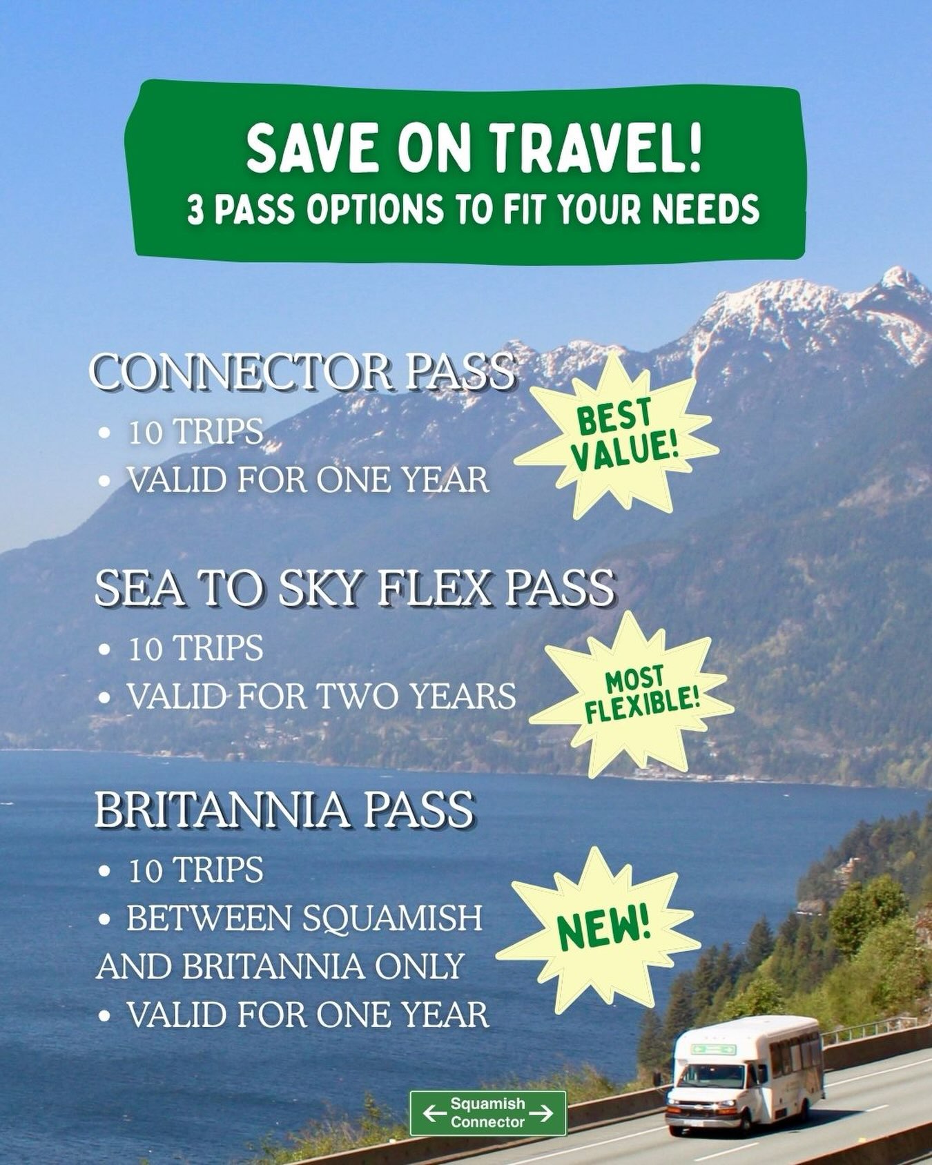 📣Great news, frequent travellers! You can save on rides using one of our 3 passes, including the NEW Britannia Pass!
🚐The Connector Pass gives you the lowest bus ticket price available on rides between Squamish and Vancouver!
🚐Or maybe you’ll choose the more flexible Sea to Sky Flex Pass, with two whole years to use your trips!
🚐Britannia Beach, we made a pass just for you! Save on trips between Britannia Beach and Squamish with this pass.
Which one will you choose? 🏔️🌇
