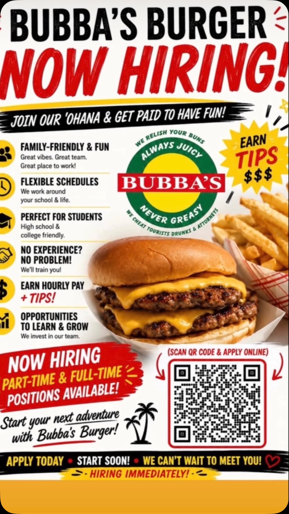 Like work? We’re hiring! Scan the QR, call or come in!