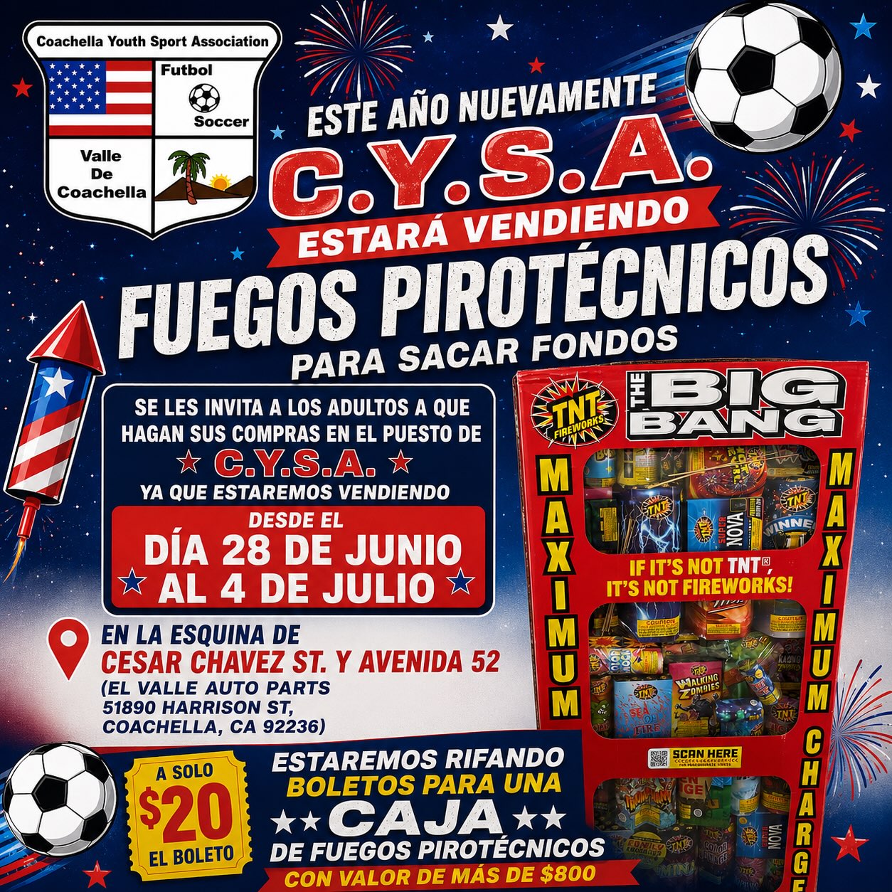 Estamos rifando una caja de cuetes de 800:00 a 20:00 el # la rifamos mañana 4 de Julio si gustar apoyar gracias pueden pagar por Zelle