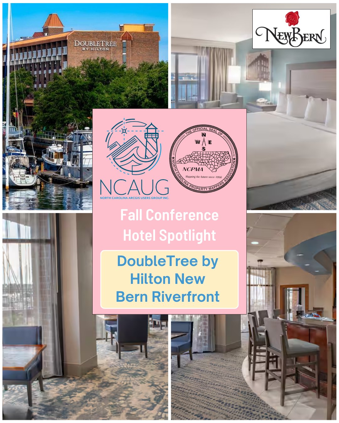 ๐จ Stay where the conference happens!
Make the most of your 2026 NCAUG + NCPMA Fall Conference experience by booking your stay at the DoubleTree by Hilton New Bern Riverfront - one of our host hotels in the heart of historic downtown New Bern.
Enjoy the convenience of being just steps away from conference sessions, networking events, and fellow attendees. When the day's learning is done, explore New Bern's waterfront, local shops, restaurants, and historic charm - all within walking distance.
๐ DoubleTree by Hilton New Bern Riverfront
๐ฒ Conference Rate: $179/night