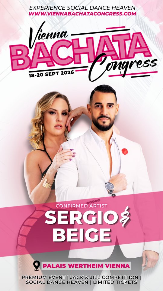 ✨ Sergio & Beige join VIENNA BACHATA CONGRESS ✨
Known for their playful chemistry, innovative combinations and inspiring approach to teaching, the founders of MyDance Vienna and the organizers of Vienna Bachata Congress make every performance feel authentic, fluid and full of life. Combining Sergio's vibrant energy and leading with Beige's refined styling and versatility, their dance is a celebration of connection and creativity.
Get ready to experience this first-hand on our dance floor 💜
📍Vienna
📅 18 - 20 September 2026
🏰 Palais Wertheim
📲 Ticket link in BIO
