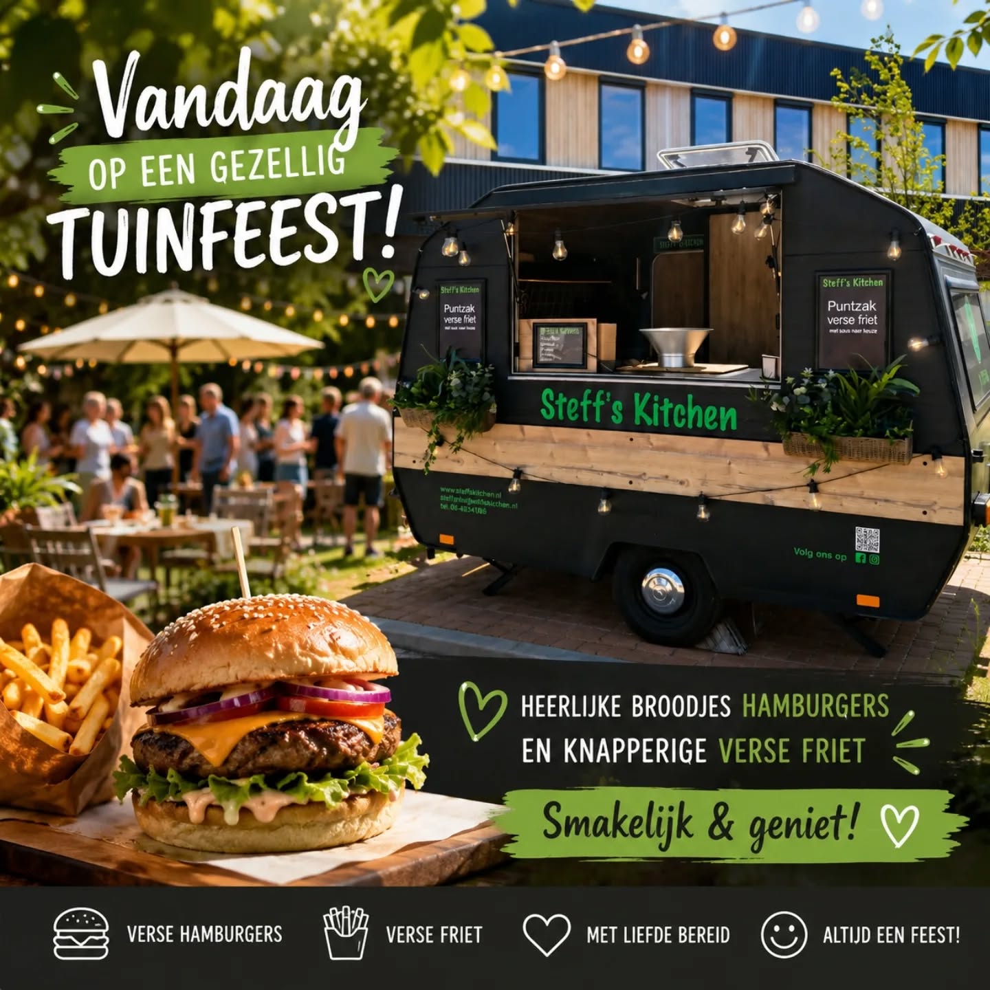 🎉 Vandaag staan we op een gezellig tuinfeest! 🍔🍟
Onze hamburger foodtruck is vandaag privé geboekt om de gasten te verwennen met heerlijke, vers bereide broodjes hamburgers en knapperige verse friet. De perfecte combinatie voor een geslaagd feest! ☀️🌿
Wij wensen de gasten een fantastische dag en bedanken onze opdrachtgever voor het vertrouwen. Ook iets te vieren? Denk dan aan onze foodtruck voor jouw tuinfeest, verjaardag, familiedag of andere gelegenheid!
