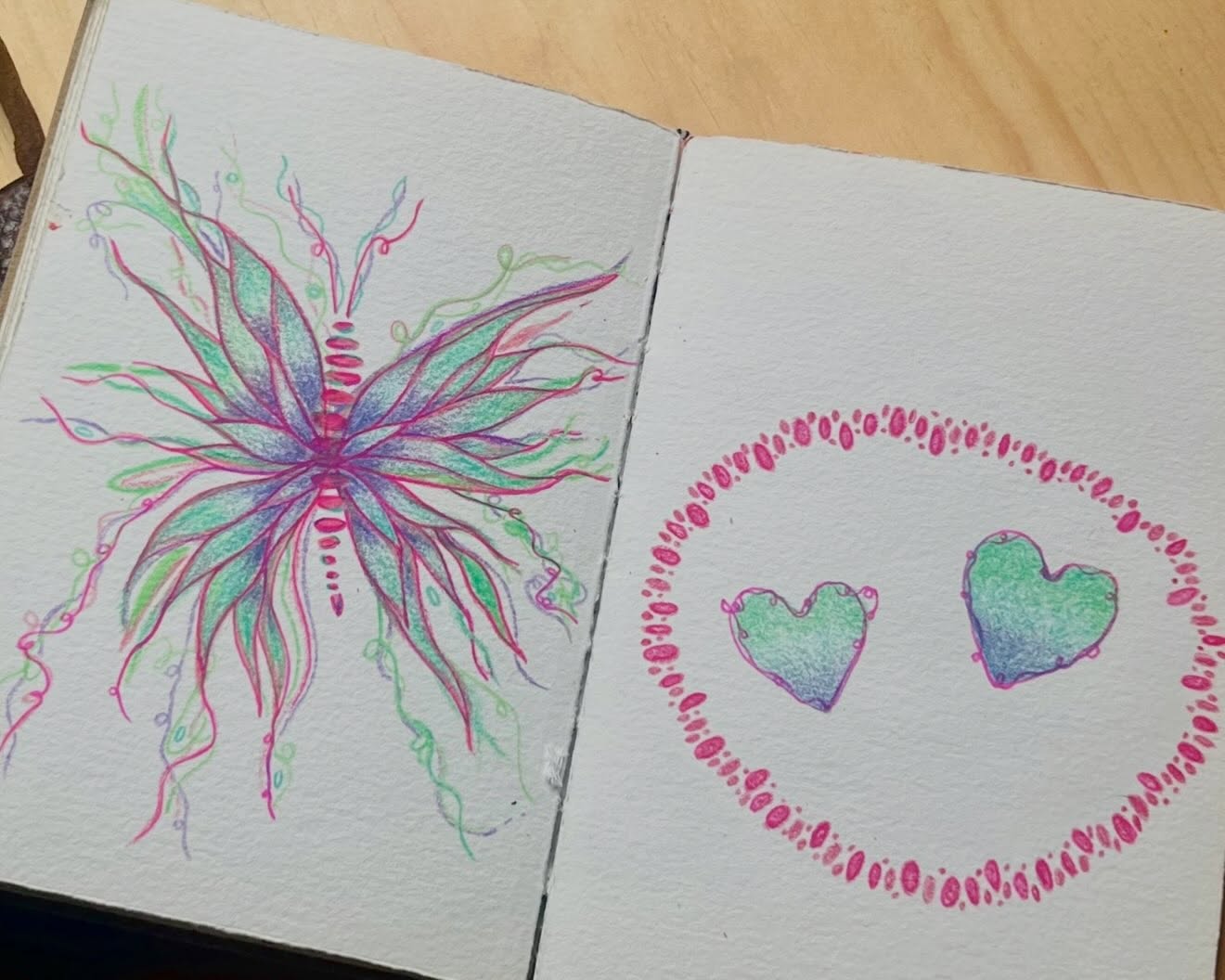 a peak inside the last 6 or so months of my sketchbook. all watercolor, colored pencil, and gel pen by me. some i’m proud of some I am not artistically wowd by.. yet i love them all.. because all are expressions of my inner world and how life lives through me.
life is most meaningful when i make music and visual art. i feel alive, connected, known, and magical when creating.
im over here living in sound and color. life is sensational. it is a ride. whoa! many emotions and experiences.. i currently find myself contemplating big life questions and decisions.. changing.. in a way i’ve never changed before..
here i am.. feeling it all. growing..
choosing love, kindness, and understanding over and over and over again. especially towards myself.
i am the practice ground that makes it possible to extend or receive any of these merciful qualities to others.
it starts with how i treat me. im my very own ride or die (uh but i guess im doing both with myself?)
im so focused these days! im so in my lane! i am in the very well known crysalis space flowing in goo and uncertainty. life is showing me what she wants from me and i’m simply doing my best to listen and follow instructions clearly. i am most days in peace .. some in a strong inner alchemical process.. and everyday grateful + laughing along with this cosmic giggle that is being alive 🌸
coming up at the soluna medicines altar:
- 2 night aya retreat in sept 2026 (half full)
- self-serve kambo training in oct 2026
- kambo facilitator training in may 2027
please reach out if you feel curious about anything. i am available for 1:1 calls where you can ask me anything about this work and feel into if anything is a right fit for you 🫂✨