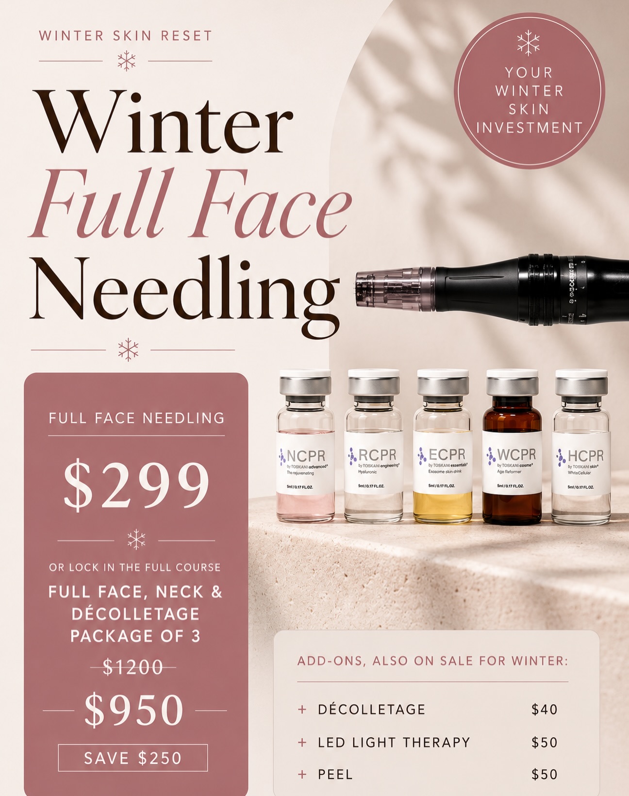 Winter is microneedling season. ❄️
If you’ve been waiting for the perfect time to invest in your skin, this is it.
With very minimal downtime- microneedling creates thousands of precise micro-channels that stimulate your skin’s natural regeneration while allowing professional-grade ingredients to be delivered exactly where they’re needed.
✨ Smooth texture
✨ Soften lines
✨ Improve acne scarring
✨ Brighten pigmentation
✨ Restore healthy, resilient skin
For a limited time:
• Full Face Needling — $299
• Package of 3 Full Face + Neck + Décolletage — $950 (Save $250)
Winter appointments fill quickly, and once spring arrives, the ideal treatment window starts to close.
Book now via the link in our bio or send us a DM with “WINTER” and we’ll help you choose the right treatment plan.
⸻
✨ Winter is your skin’s reset season. Secure your appointment before this offer ends. Book via the link in bio.
⸻
#SmoothBeauty #SmoothBeautyBondi #Microneedling #SkinNeedling #SkinRejuvenation