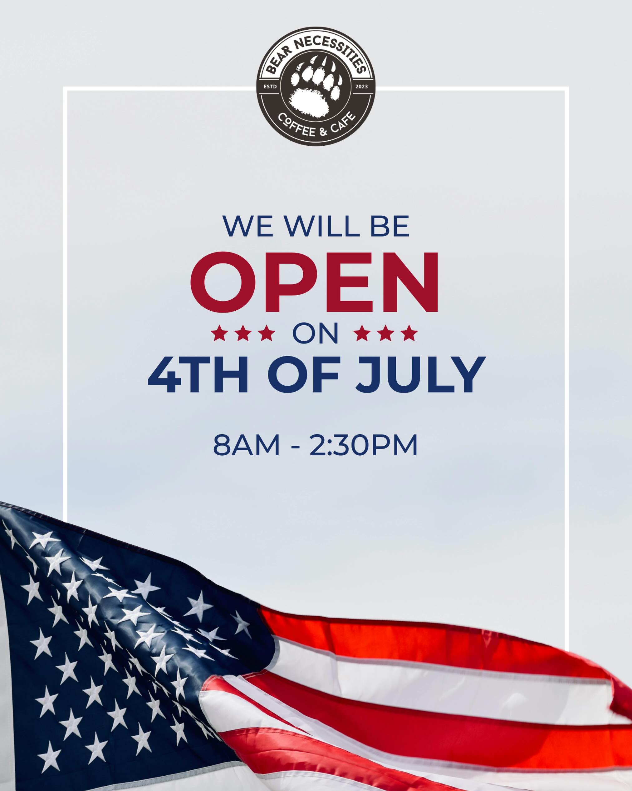 We’ll be open our normal hours this weekend & can’t wait to celebrate 4th of July with you! 🎉🦅
Stop by to cool off with one of our specialty beverages latte and pair it with a hearty lunch sandwich! The perfect 4th of July combo! 🇺🇸🐻