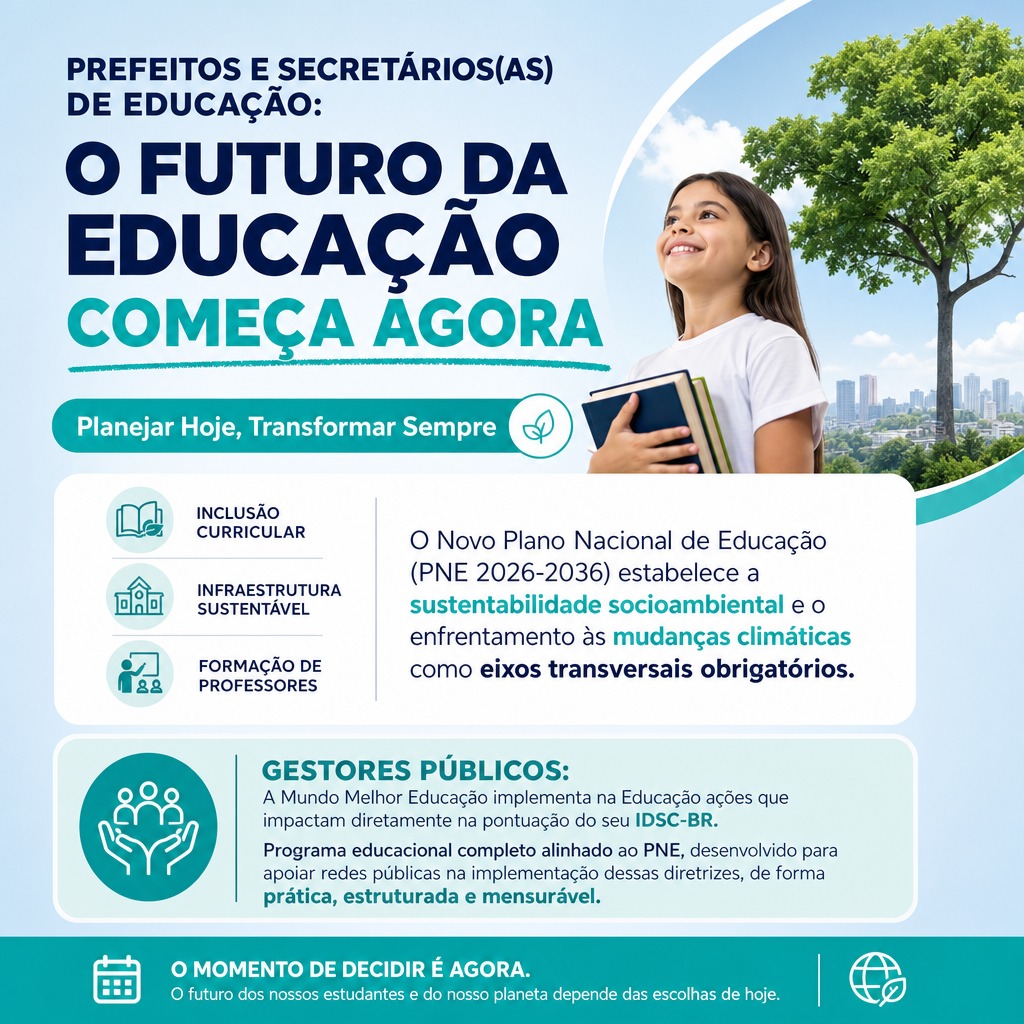 Prefeitos e Secretários de Educação: A Mundo Melhor Educação estrutura o novo PNE 2026-2036 a Educação para o Desenvolvimento Sustentável como política pública estruturante:
O novo Plano Nacional de Educação 2026-2036 exige que a sustentabilidade deixe de ser um tema isolado de política pública para se tornar uma agenda estratégica nacional, diretamente relacionada ao desenvolvimento econômico, social, ambiental e institucional dos territórios. Para a sua gestão, isso significa transformar a rede pública através da Educação em novas gerações preparadas para o mundo real.
A Mundo Melhor Educação não entrega apenas conteúdo; nossos programas integram sustentabilidade, habilidades socioemocionais e cultura maker de forma transversal, conectando BNCC, ODS, ao PNE 2026-2036 através de experiências que fazem sentido para o mundo real, superando o modelo tradicional de educação ambiental baseado exclusivamente em ações pontuais, estruturando uma política permanente de formação integral dos estudantes por meio de integração entre cinco dimensões pedagógicas complementares :
-Educação para o Desenvolvimento Sustentável;
-Desenvolvimento Socioemocional;
-Cultura Afro-Brasileira e Indígena;
-Cultura Maker e Investigação Científica;
-Produção de Evidências de Aprendizagem;
Nossa proposta através de trilhas e projetos atitudinais é sustentada pedagogicamente por uma sólida estrutura curricular.
Dando suporte a todos os projetos atitudinais, está a Base Nacional Comum Curricular (BNCC), com sua estruturação de competências e habilidades que são o foco de desenvolvimento na Educação Básica. Ligada a ela estão os Objetivos de Desenvolvimento Sustentável (ODS), que constituem a base temática sobre sustentabilidade das coleções.
Enquanto outros Municípios tentam entender a lei, o seu estará formando os líderes do futuro.
#pne2026 #sustentabilidade♻️ #educacaosocioambiental #politicaspublicas #agenda2030 #ods #educaçãosustentável