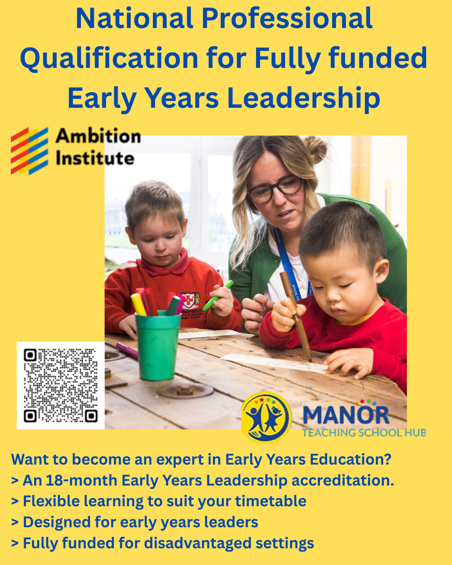 ✨ Ready to take the next step in your early years leadership journey?
Applications are now open for our fully funded NPQEYL! 🌱
If you’re leading in an early years setting, this is your chance to grow your leadership skills with support from Manor Teaching School Hub.
📅 Starts this November – don’t miss out!
#NPQEYL #EarlyYears #EarlyYearsLeadership #NPQ @ambition.inst @manormultiacademytrust