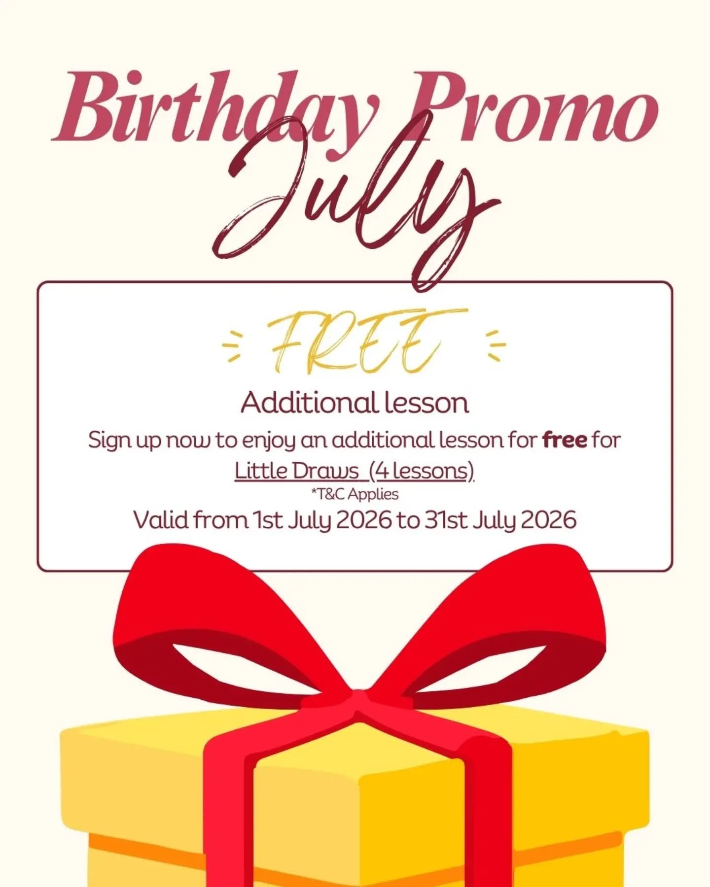 π Calling all parents! π
We're celebrating with a special gift just for your little artist! πβ¨
π¨ Birthday Promo β July Special!
π FREE Additional Lesson π
Sign up for our Little Draws (4-Lesson Programme) and receive 1 additional lesson absolutely FREE! ποΈπ
π
Promotion Period:
1st July 2026 β 31st July 2026
It's the perfect opportunity for your little one to explore, create, and build their confidence through art while enjoying an extra lesson on us! ποΈπ
Don't miss out on this special birthday promotion as it's available for a limited time only! π
π© DM or WhatsApp us at 91234537 to book your slots or find out more details! πΈ
T&Cs apply.
#AchieversArts #BirthdayPromo #LittleDraws #sgartclass #sgparents