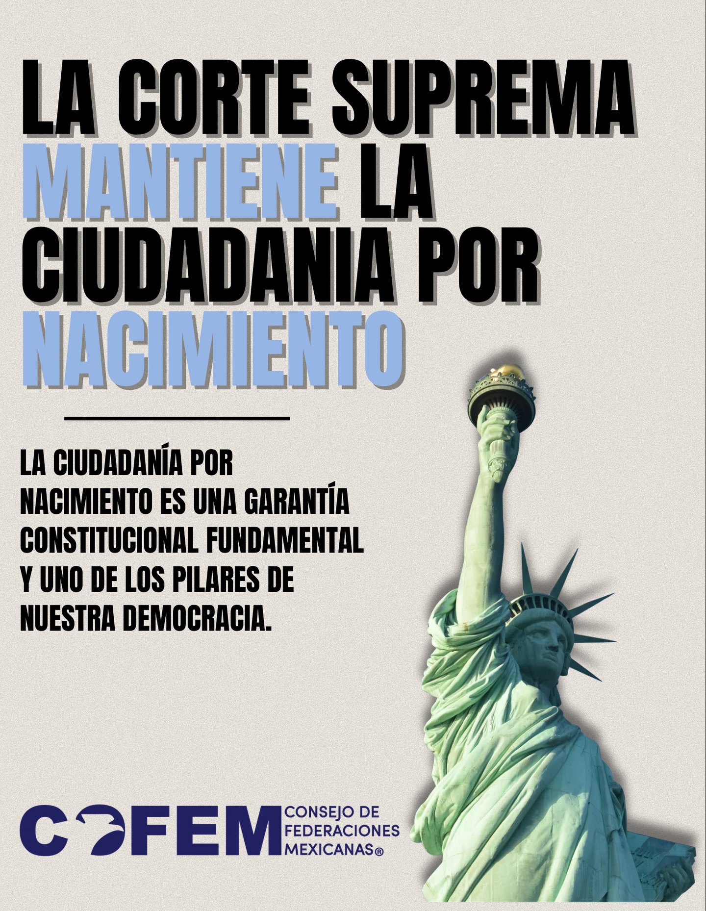 La ciudadanía por nacimiento permanece protegida.
En una decisión de 5-4, la Corte Suprema de Estados Unidos confirmó que la ciudadanía por nacimiento sigue siendo un principio constitucional vigente. Esto significa que, conforme a la Enmienda 14, las personas nacidas en Estados Unidos continúan siendo reconocidas como ciudadanas estadounidenses al nacer.
Este fallo reafirma un precedente legal que ha existido por más de un siglo y brinda claridad a millones de familias en todo el país.
Desliza para conocer qué decidió la Corte y por qué esta decisión es importante.
Mantente informado y comparte información verificada con tu comunidad.
#CiudadaníaPorNacimiento #Enmienda14 #Inmigración #DerechosDeLosInmigrantes #COFEM