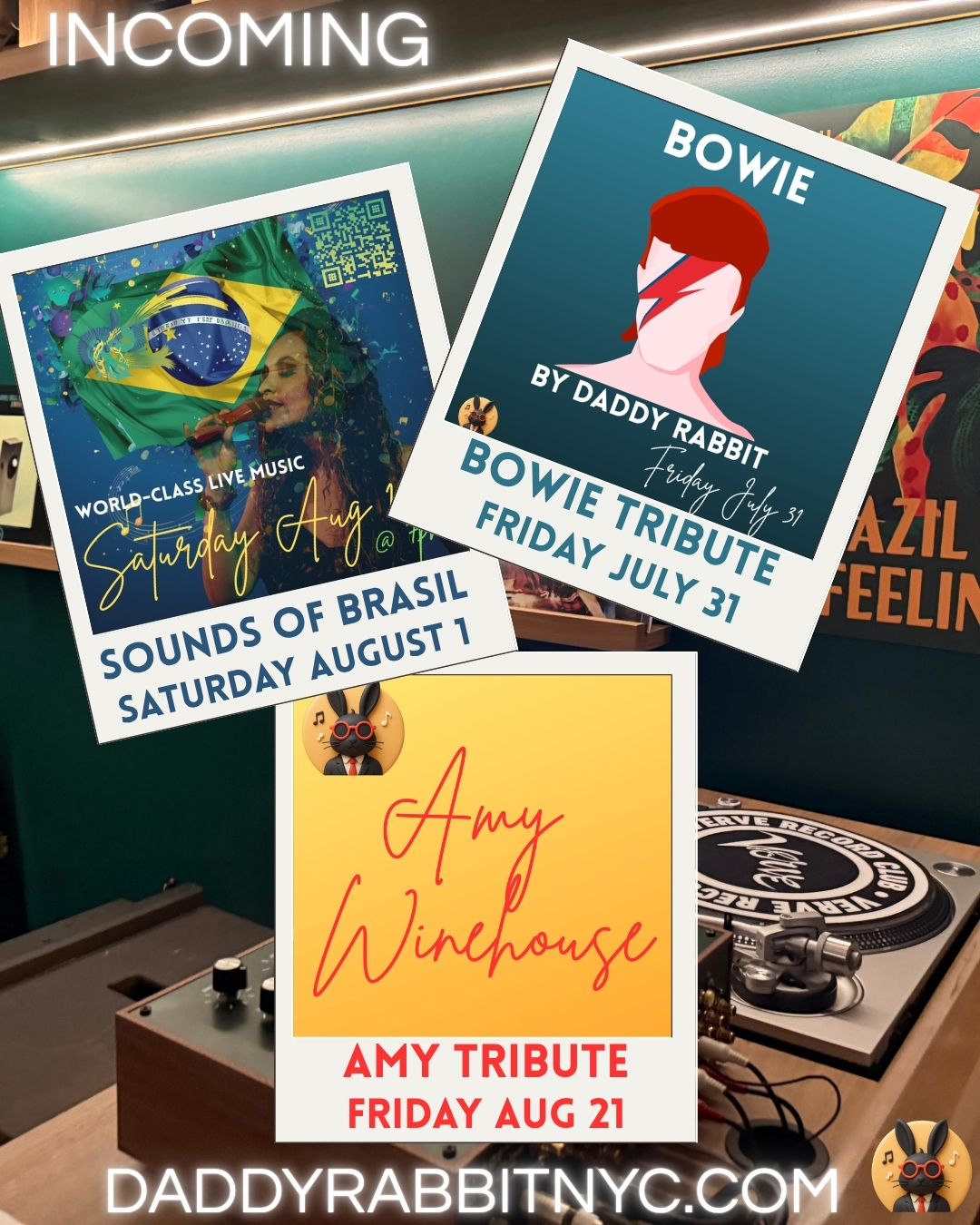 At Daddy Rabbit there is no stage. You are at one with the music. Three great shows incoming. Tickets at https://daddy-rabbit.turntabletickets.com #bowie #amywinehouse #brasil #livemusic #nycmusic