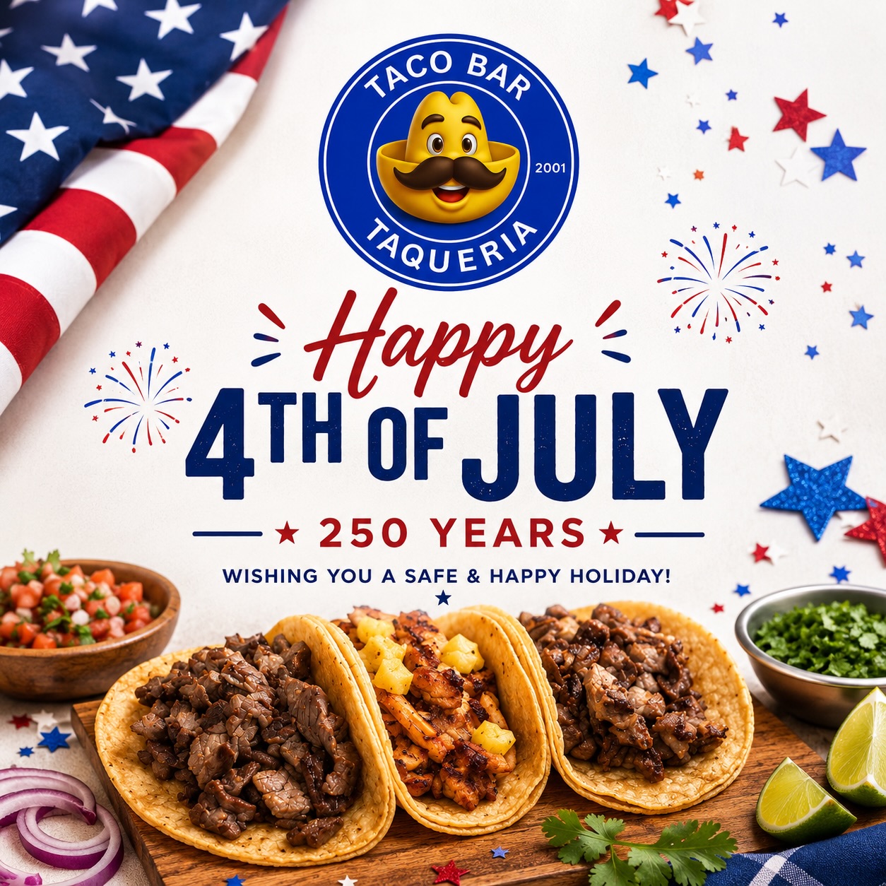 🇺🇸 Happy 4th of July!
Celebrating 250 years of American independence. Wishing you and your family a safe, happy, and memorable holiday! #tacos #fourthofjuly #independence #tacobar