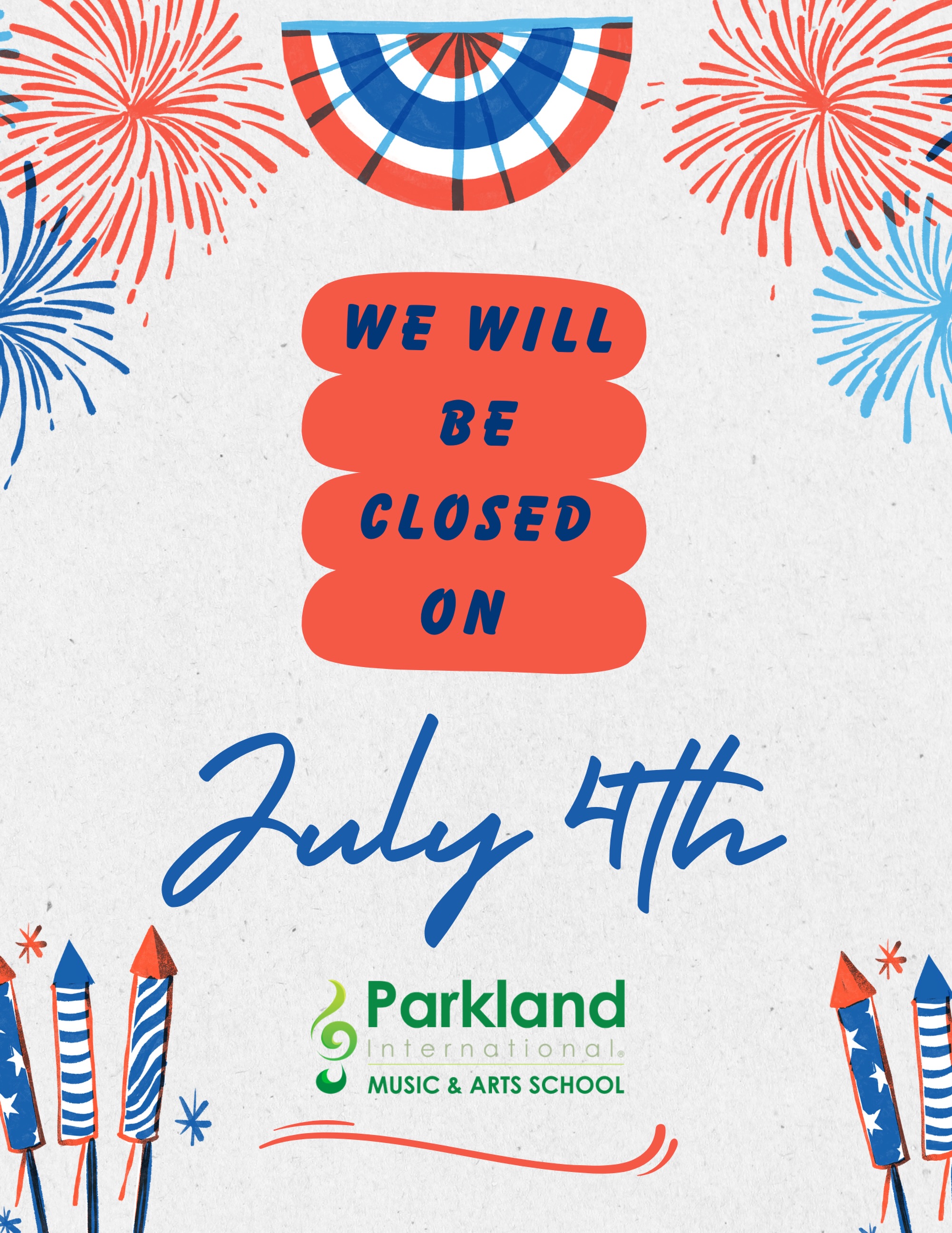 🇺🇸❤️🤍💙 Holiday Announcement 💙🤍❤️🇺🇸
Please note that Parkland International Music & Arts School will be closed on Friday, July 4th in observance of Independence Day.
We wish all of our students, families, teachers, and friends a wonderful holiday filled with joy, laughter, and unforgettable moments with your loved ones. Stay safe, enjoy the celebrations, and have an amazing Fourth of July! 🎆✨
We look forward to seeing everyone back soon! 🎶💚
Happy Independence Day! 🇺🇸
#PIMAS #ParklandInternationalMusicAndArtsSchool #ParklandFL #Happy4thOfJuly #IndependenceDay MusicEducation PIMASFamily CelebrateFreedom MusicMatters SeeYouSoon